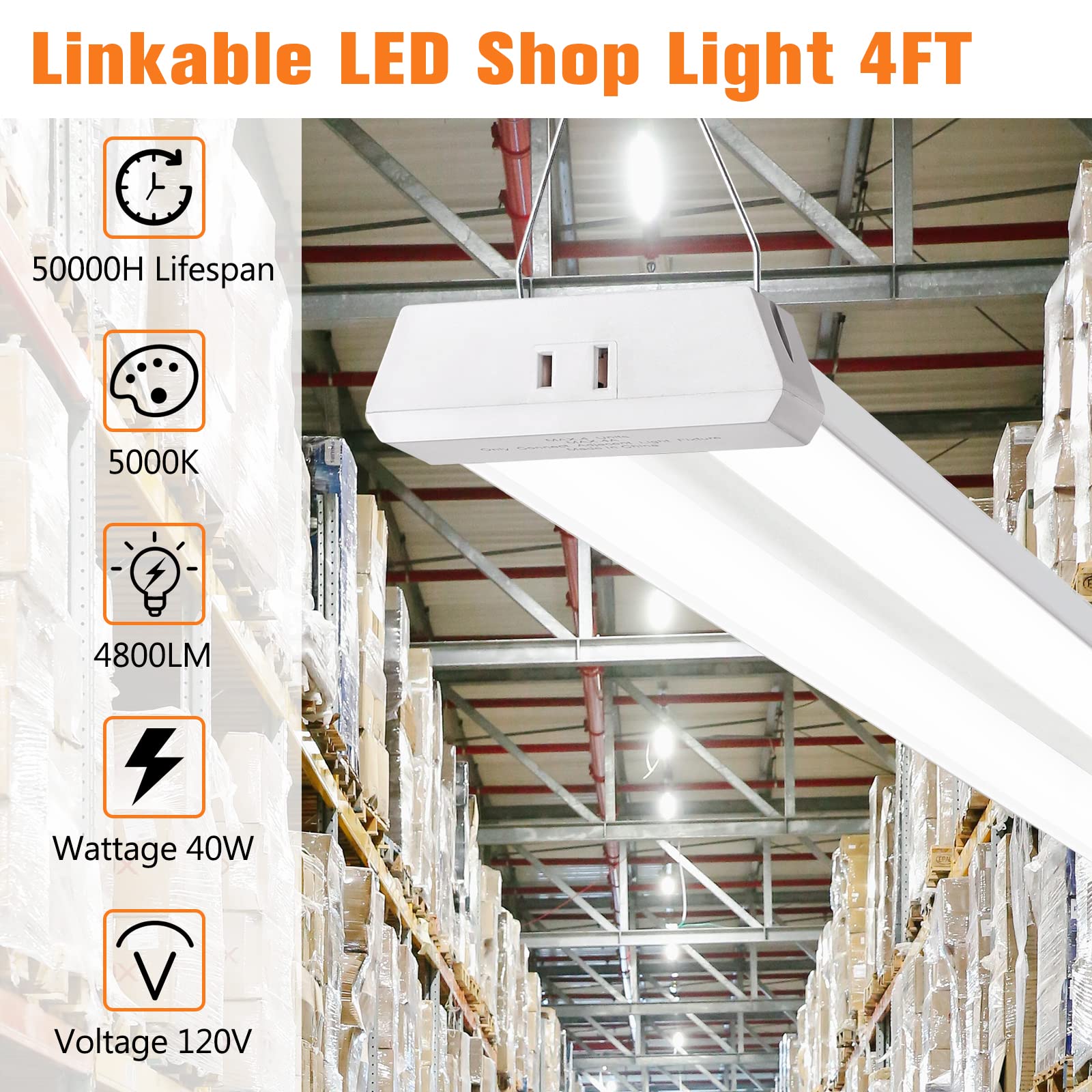 Oooled 4Ft Linkable 42W 4800Lm 5000K Led Ceiling Lights For Garages, Pull Chain On/Off, Linear Work Light Fixture With Plug, 2 P