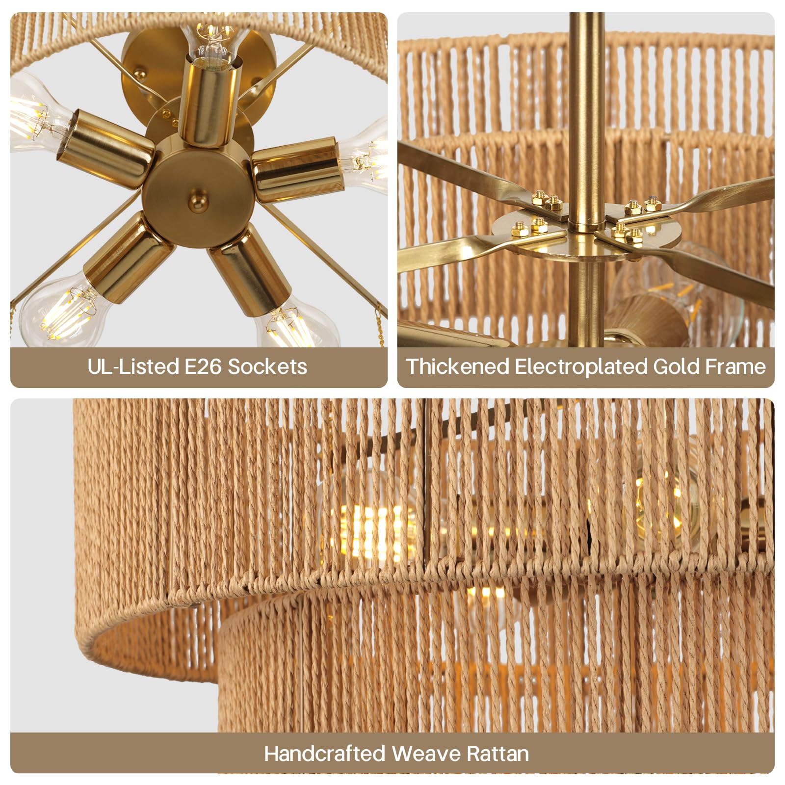 Clarsyne 22  Boho 2-Tier Rattan Ceiling Light Fixture  5-Light Flush Mount Woven Chandelier For Bedroom  Dining Room  Kitchen  Entryway  Living Room  Rustic Gold Lighting