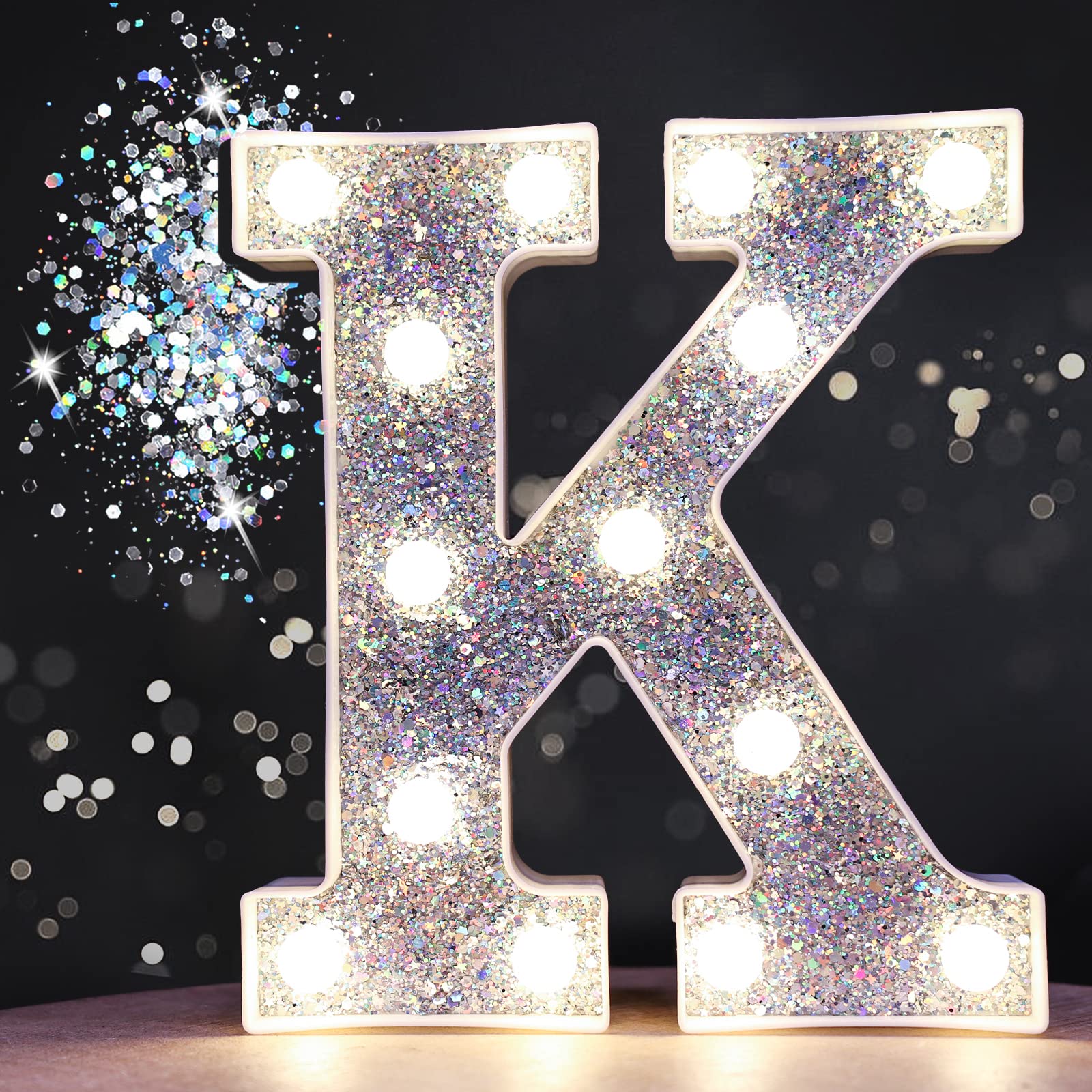 Pooqla LED Marquee Letter Lights, Sequin Silver Alphabet Sign, Battery Powered for Parties & Home Decor, Letter K