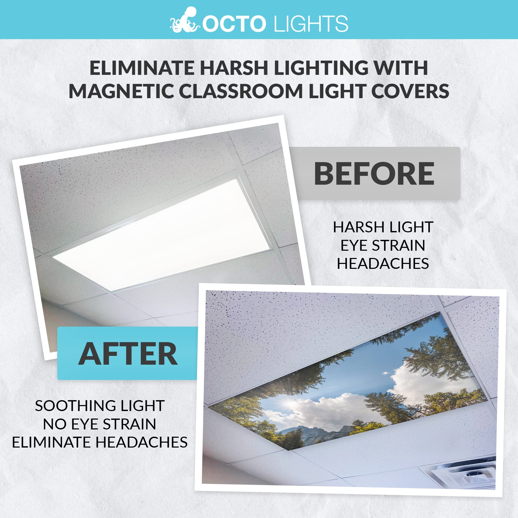 OCTO LIGHTS Magnetic Ceiling Light Cover - 2x4 Backlit Film, Tree Mountain Sky, Model TRE-009-MGT-2x4, Pack of 1