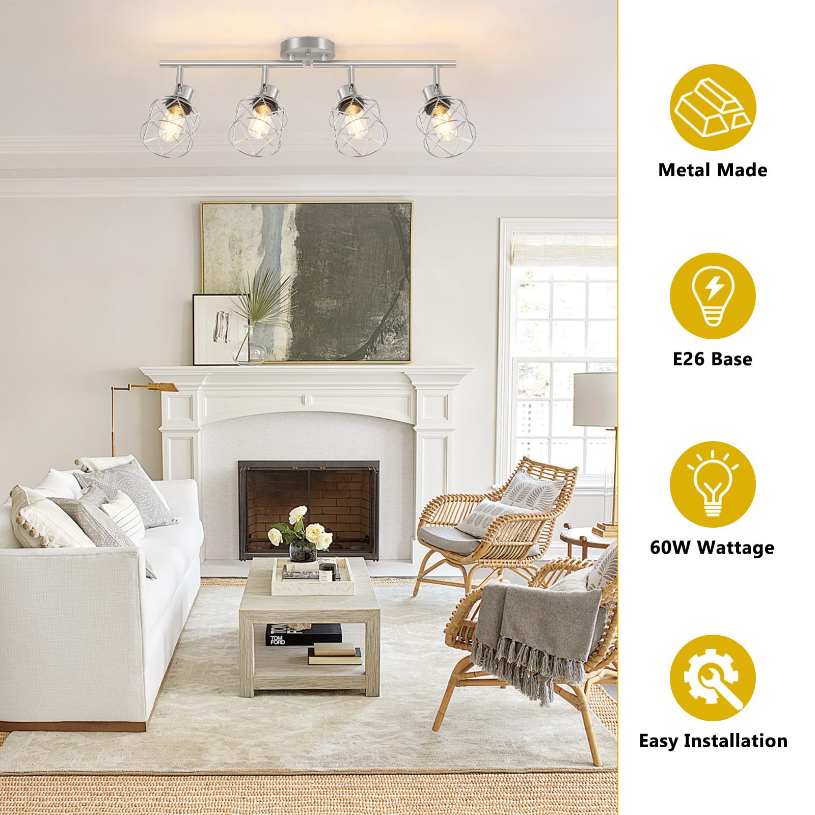 Baocuz 4-Light Kitchen Lighting Fixtures  Adjustable Multi-Directional Brushed Nickel Track Ceiling Light  Semi Flush Mount Ceiling Spotlight With Wire Cages For Living Room  Bedroom  Hallway