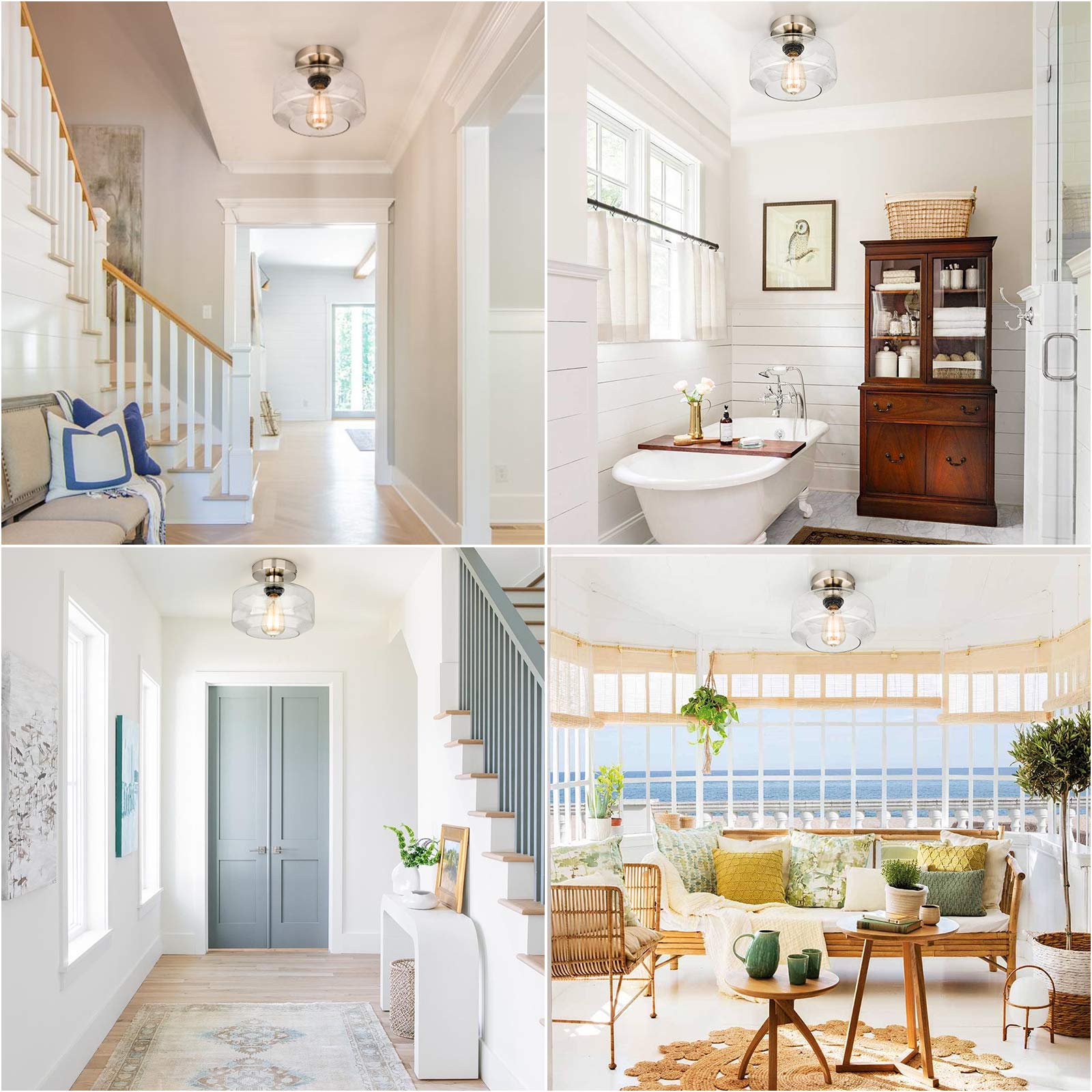 Sunrider Semi Flush Mount Ceiling Light Fixtures, Brushed Nickel Industrial Seeded Glass Lamp, Silver Ceiling Light For Kitchen