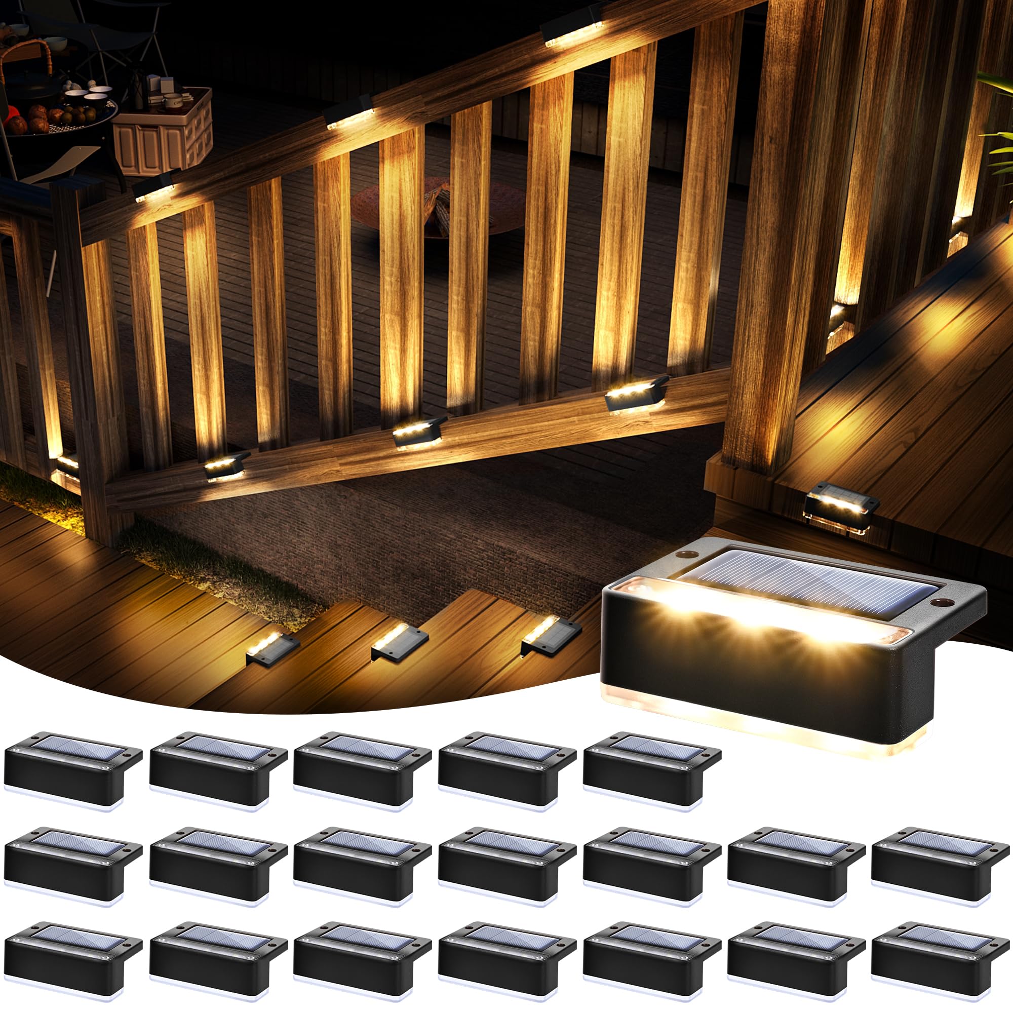 SOLPEX Solar Fence Lights 20 Pack, IP65 Waterproof, Warm White, 6 LEDs, Black, Model 10004, Outdoor Deck Lights for Garden and Patio