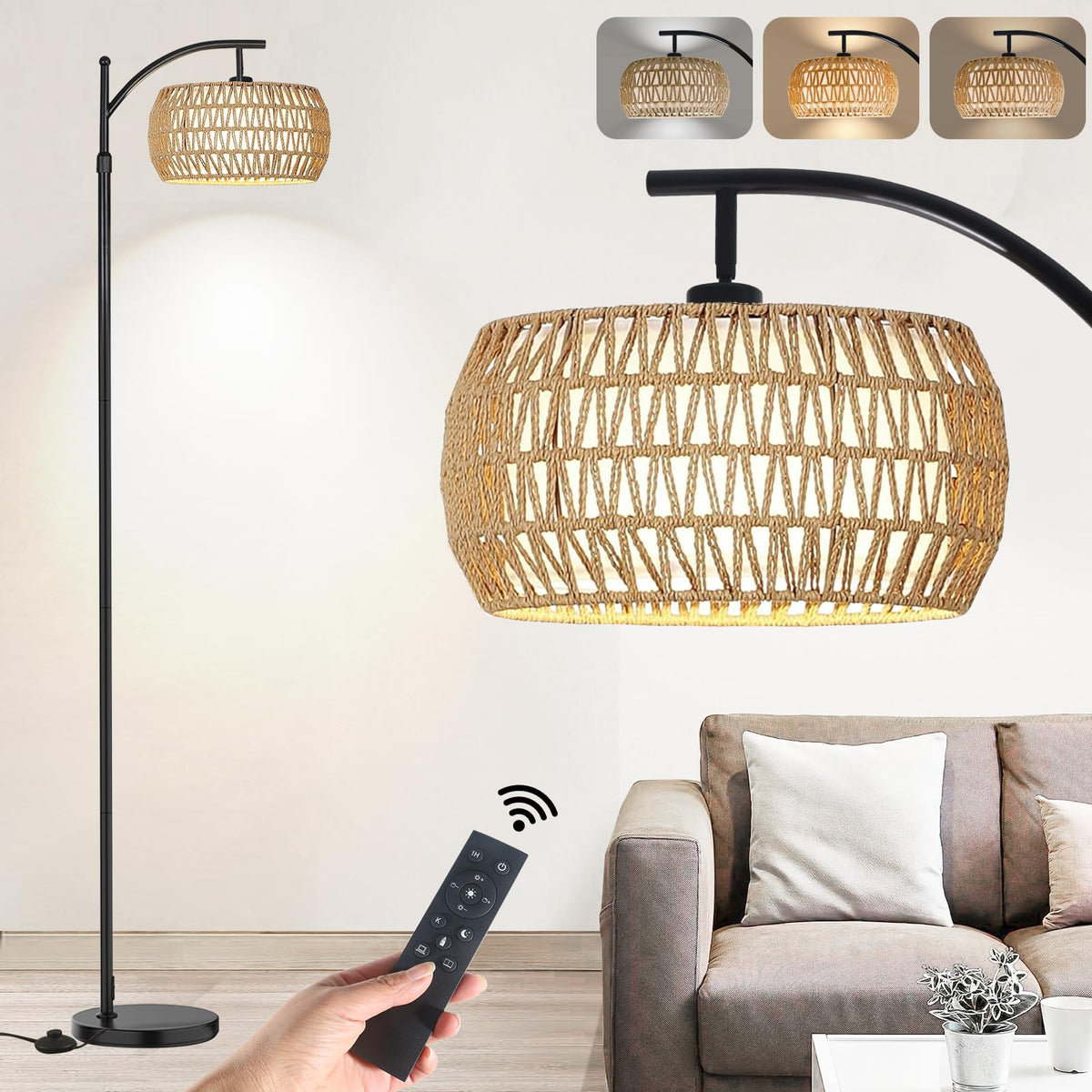Yusist Arc Floor Lamp for Living Room,Farmhouse Floor Lamps with Remote Control & Dimmable Bulb, Boho Rattan Tall Standing Lamp 