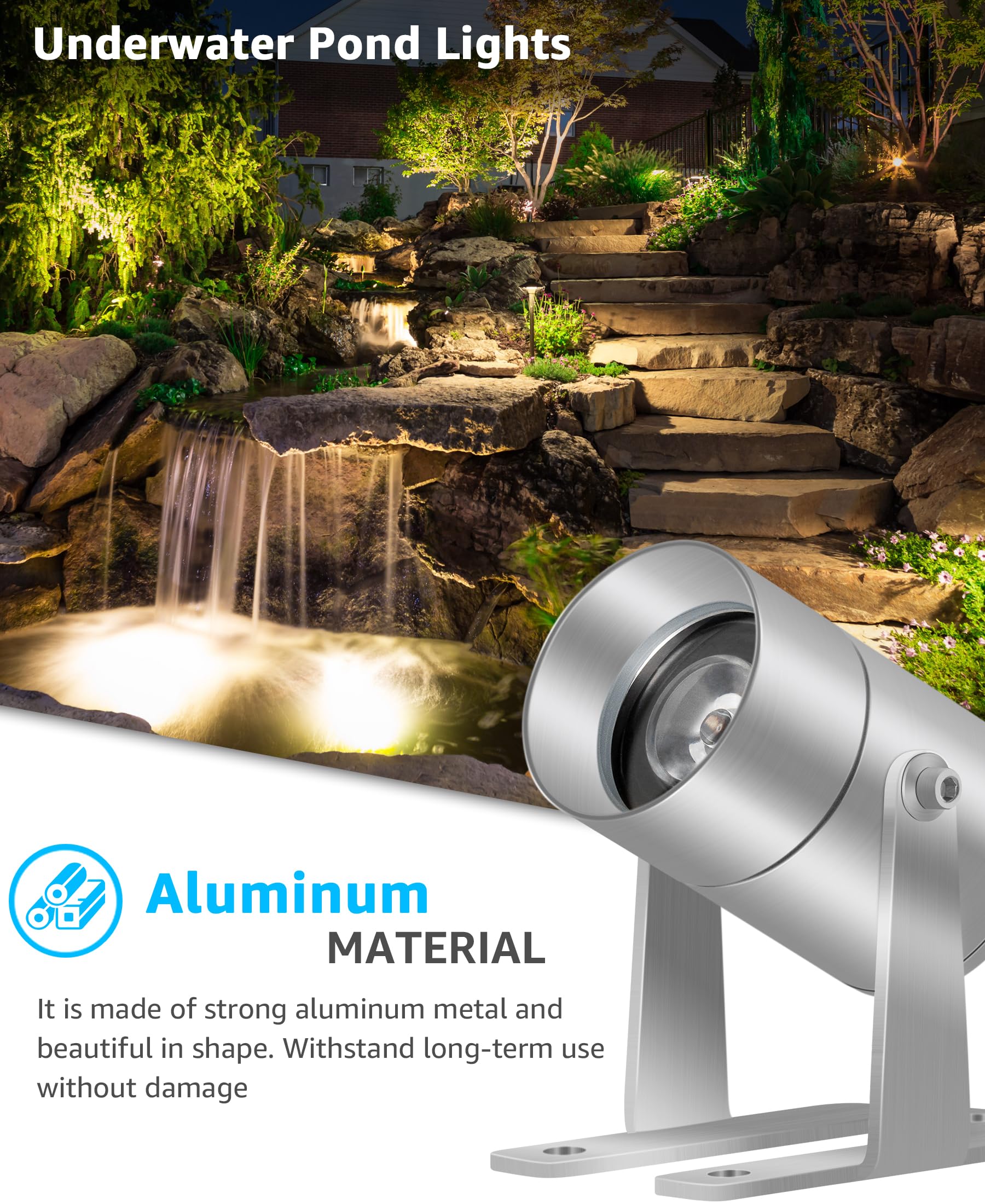 SUNVIE LED Underwater Pond Lights, 3W Submersible Fountain Lights, IP68 Waterproof, Silver