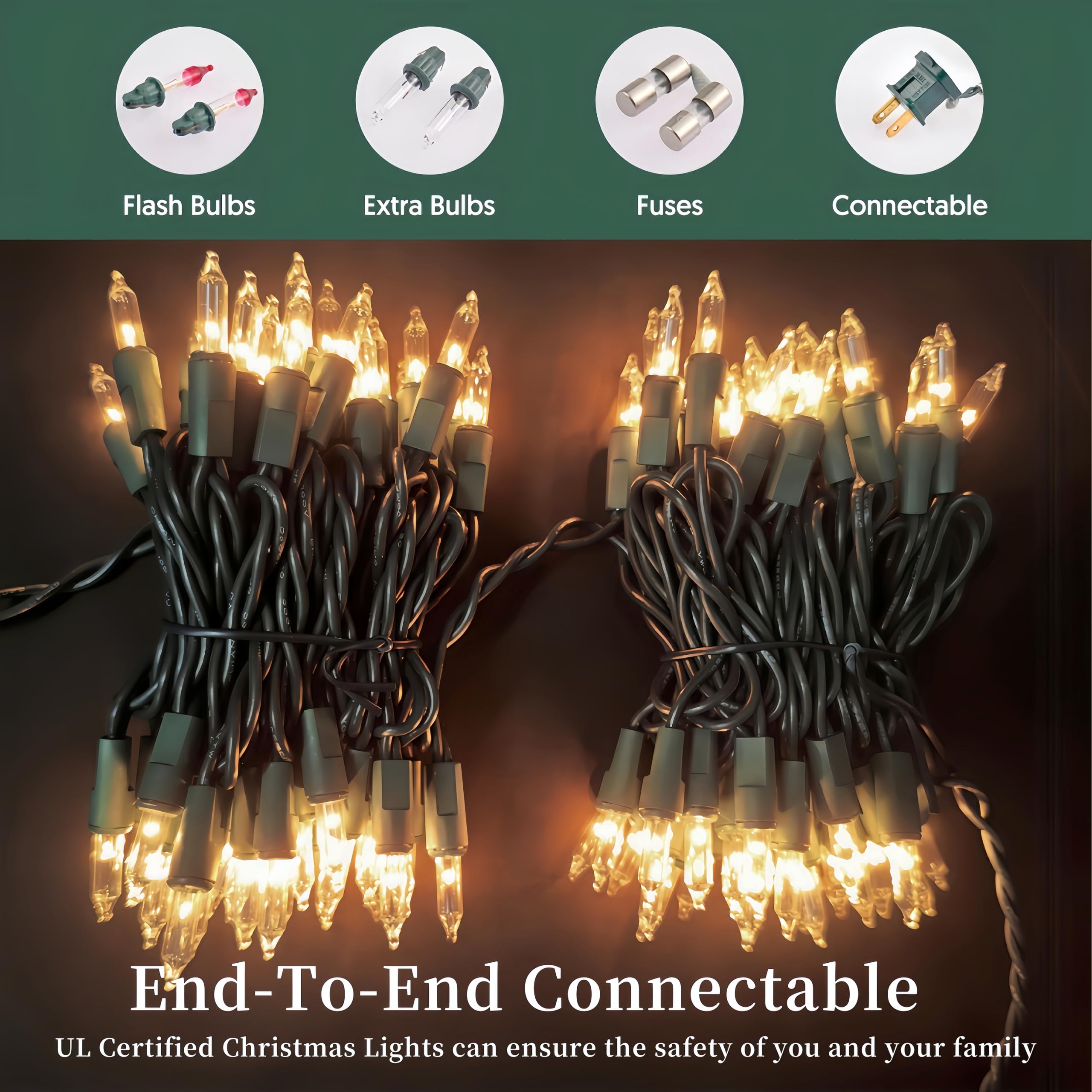 Wabarle Christmas Lights 100 Count Clear White Incandescent String Lights 21ft UL Certified Green Wire for Indoor/Outdoor Decor