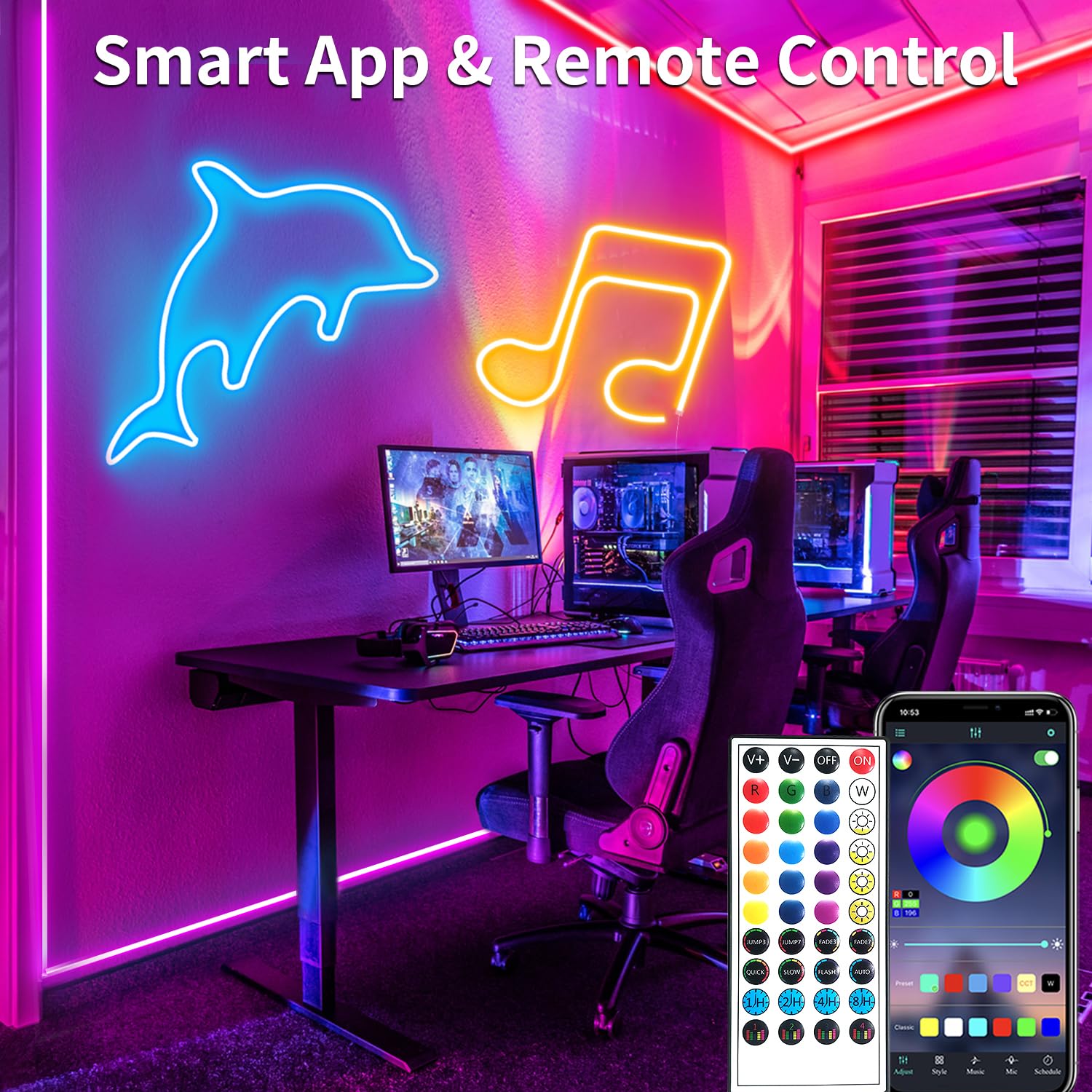 Yeewhale RGB LED Neon Rope Lights, 100ft, IP65 Waterproof, Remote Control, Flexible Neon Strip for Indoor/Outdoor Decor, Model Yeewhale-100ftNH1