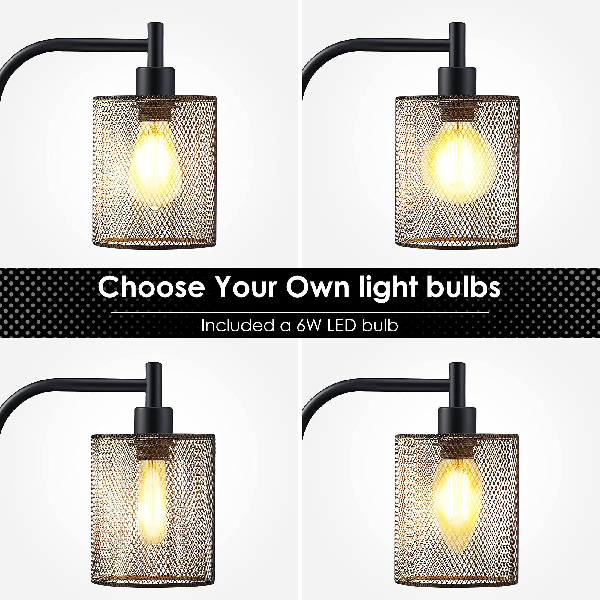 BoostArea Industrial Floor Lamp, Iron Mesh Shade, 6W LED, Medium, Black