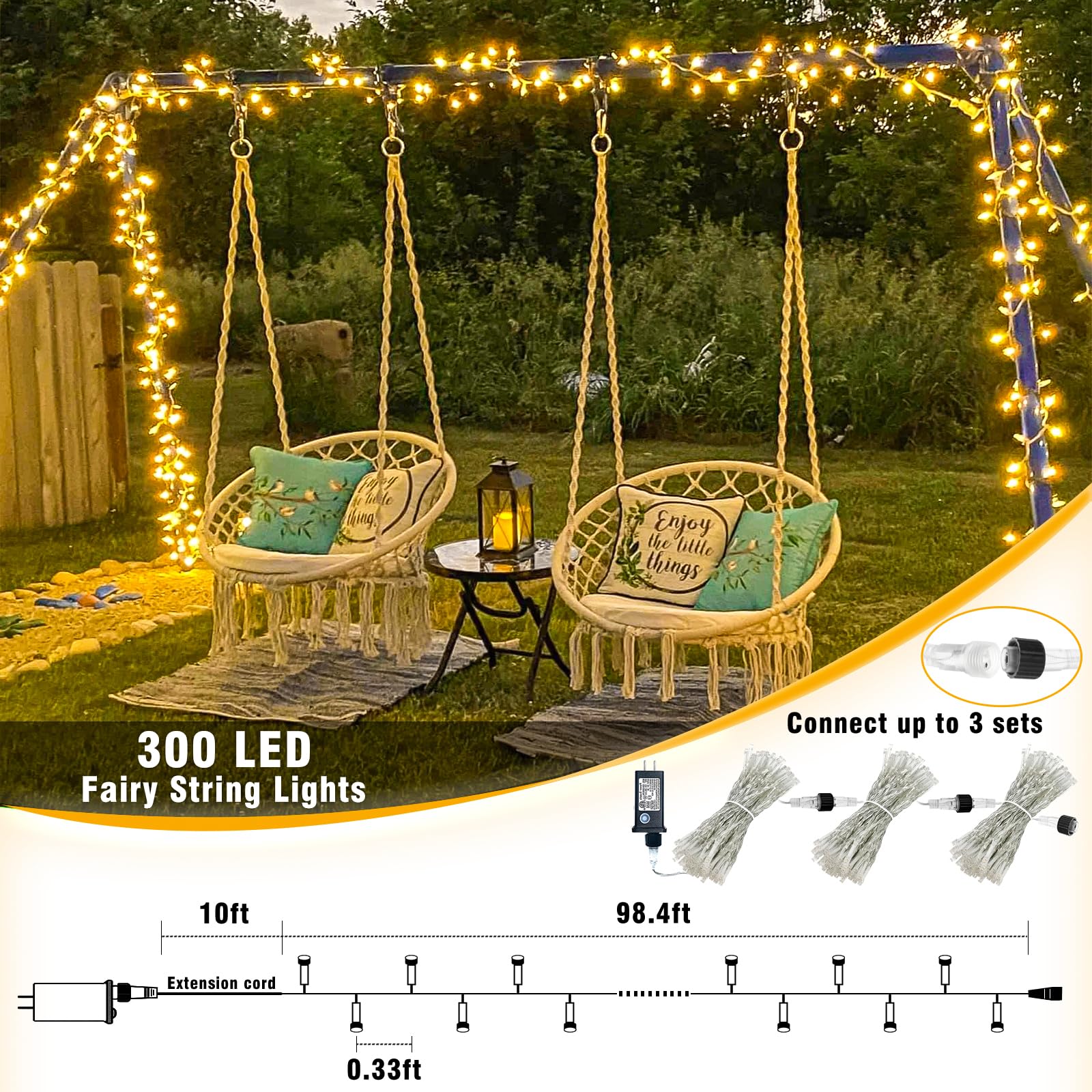 300 Led Christmas Lights Indoor Outdoor, Warm White String Lights For Bedroom 8 Modes Clear Wire Waterproof 99 Ft Plug In Twinkl