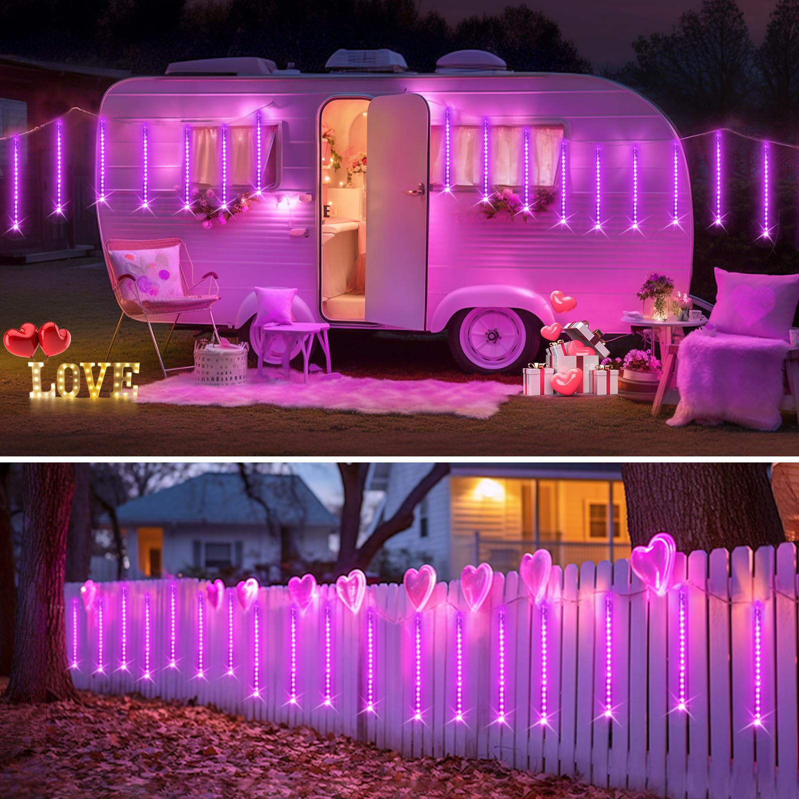JMEXSUSS Solar Meteor Shower Lights, 144 LEDs, 8 Tubes, Pink, PVC, Outdoor Decorations for Valentines Day, Xmas, Weddings, Parties