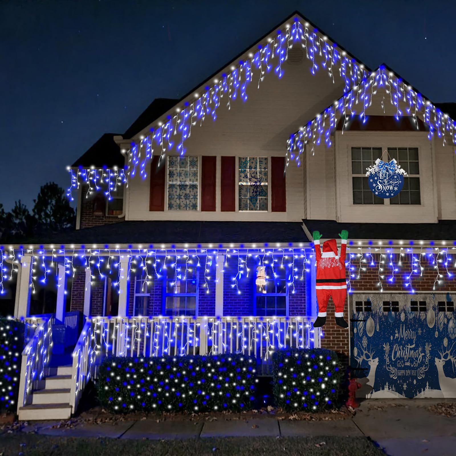 YEGUO Icicle String Lights 400 LED, Blue and White, Waterproof, 80 Drops, 8 Modes, Memory Timer