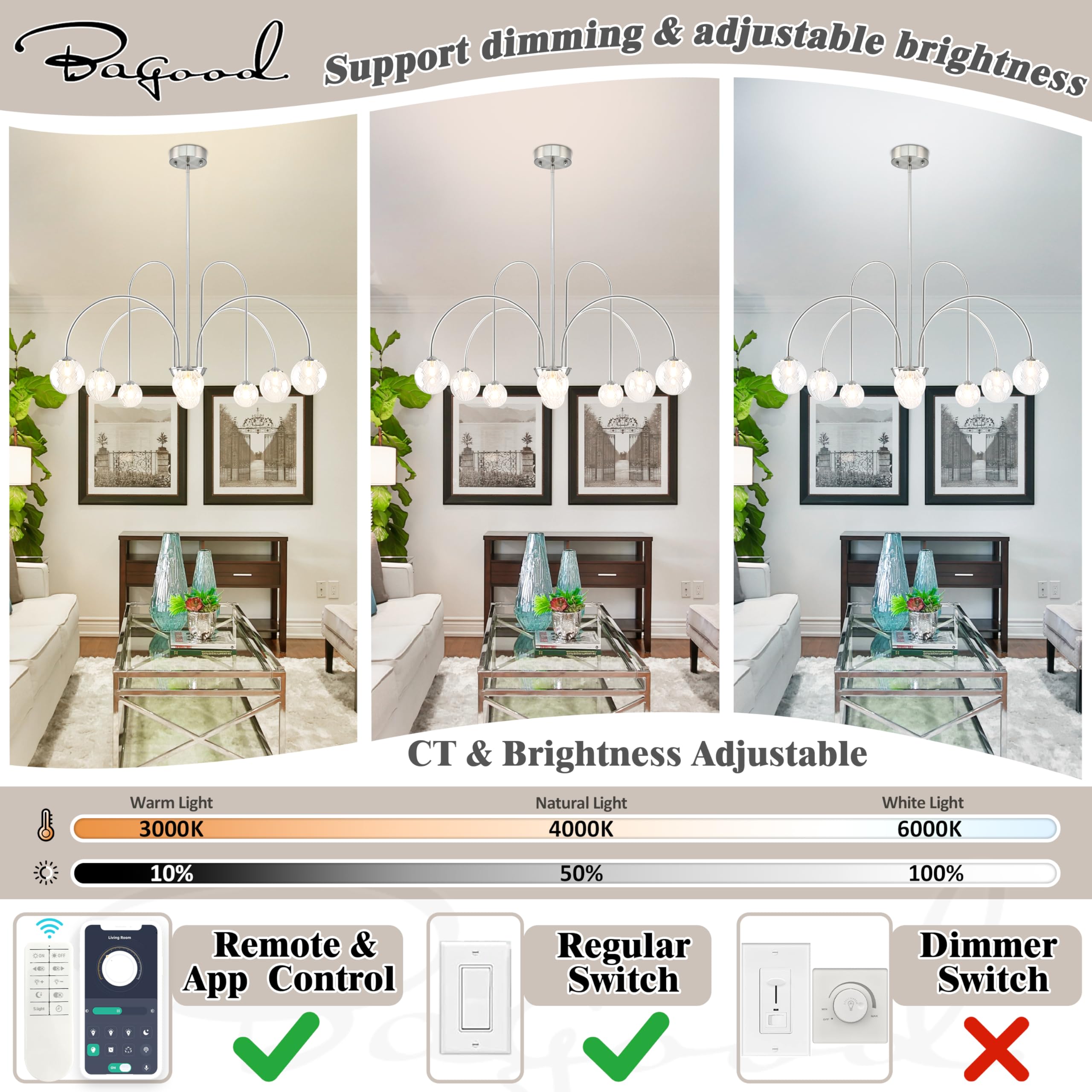Bagood Nickel Sputnik Chandelier 8-Light Globe Pendant Light 38.5    Modern Sputnik Chandelier With Clear Glass Globe Shade Dimm
