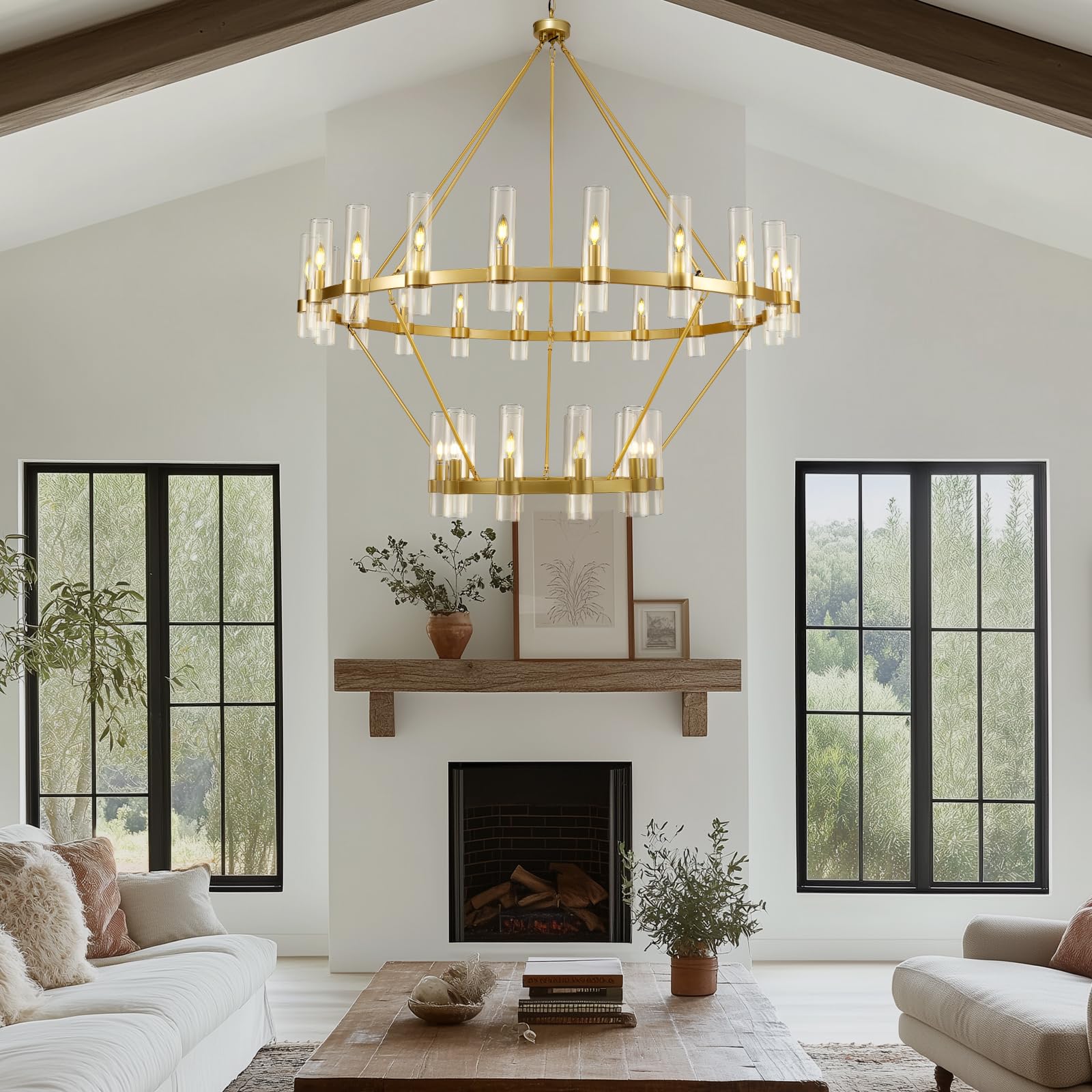 Gold Wagon Wheel Chandelier 2 Tier, 60 Inch Chandeliers With Glass Shade, 30-Light Large Chandelier For High Ceiling, Modern Far