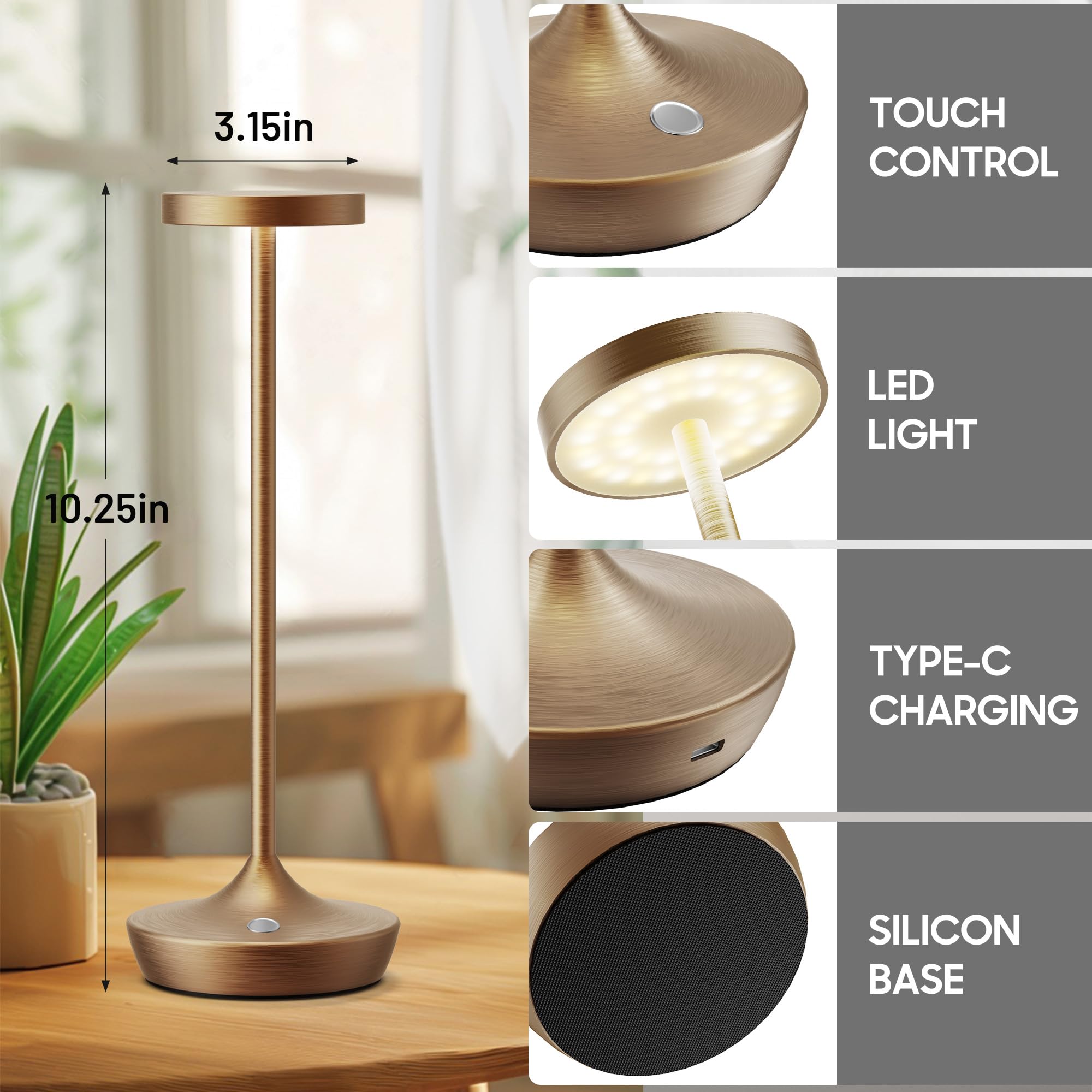 Sikevht 2 Pack Cordless Led Table Lamps, 3-Color Dimming, Waterproof, Battery Operated, Bronze