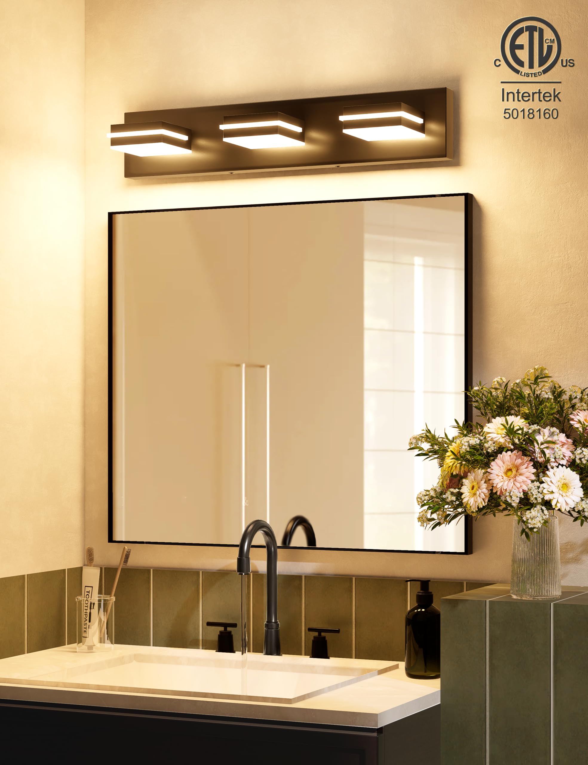 VOLISUN Bathroom Light Fixtures, 3-Light Dimmable LED Vanity Light, 24 Inch, 5CCT, 360° Rotatable, Black, Model 9553F