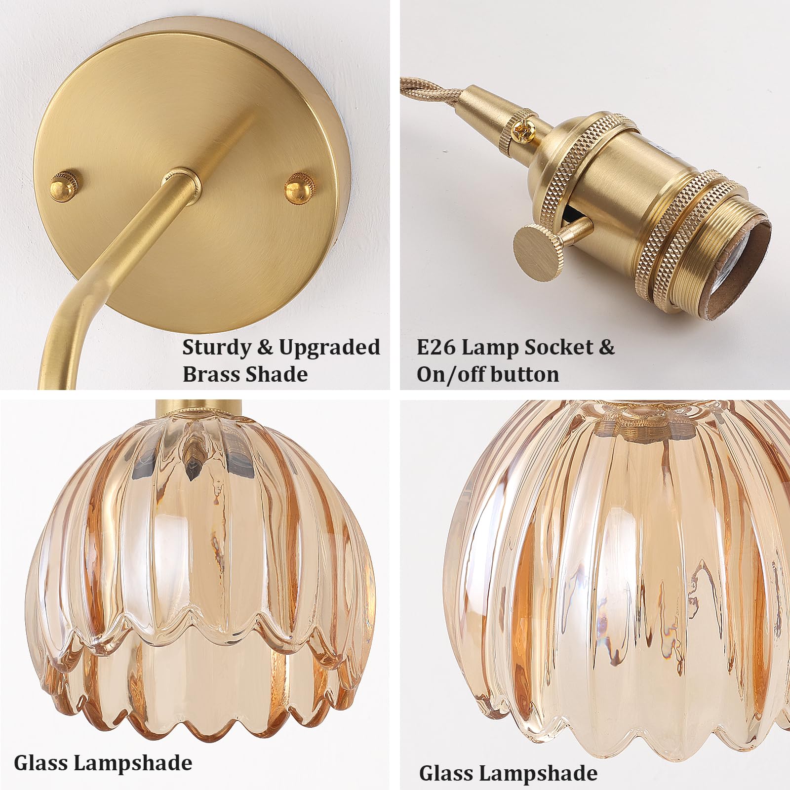 Shenmoyl Wall Sconce, Battery Operated, Brass, Amber Tulip Shade, Adjustable Chain, Model 1-938, Indoor Lighting for Bedroom and Doorway