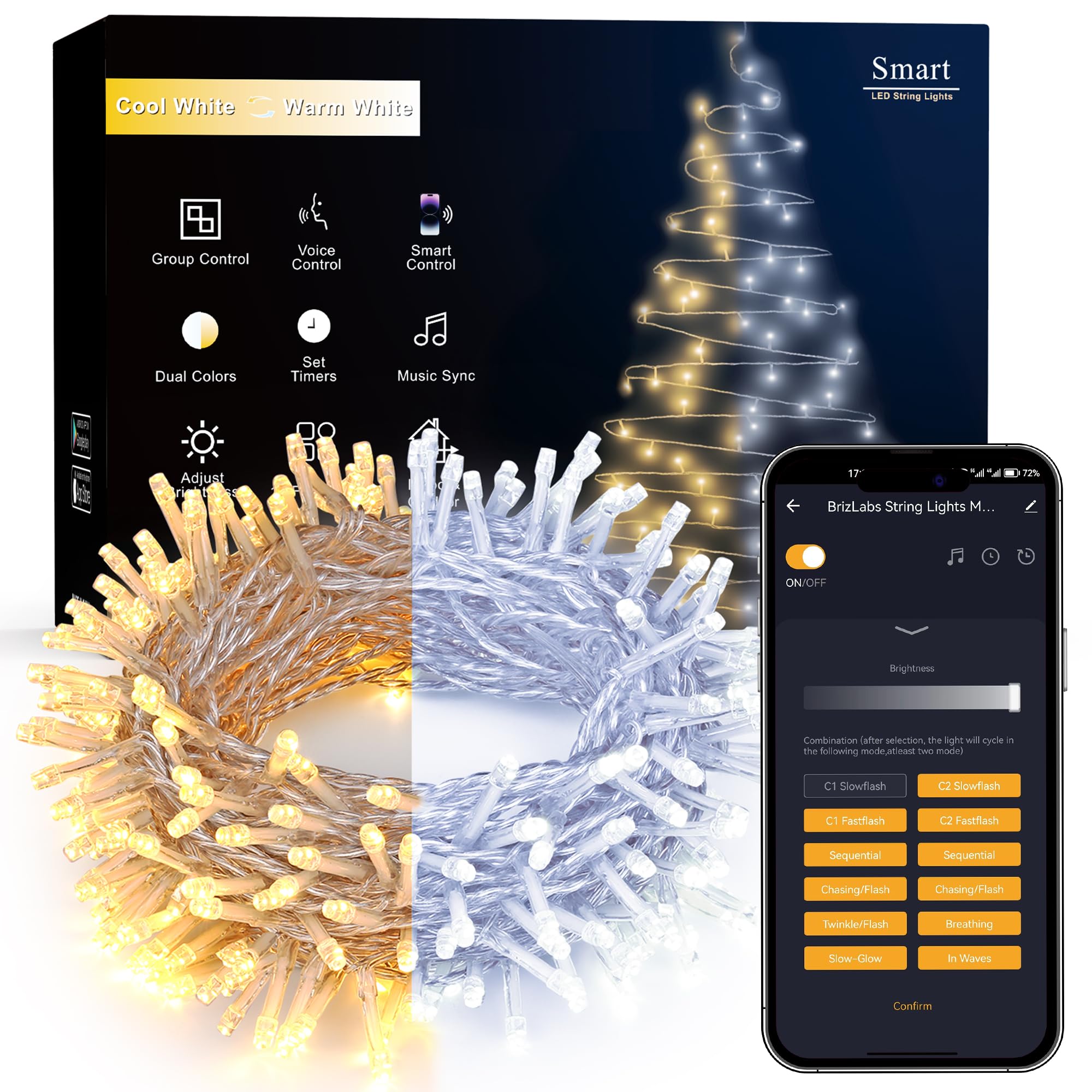 Brizled Smart Christmas Lights, 66FT 200 LED Warm White & Cool White Color Changing String Lights APP Control Fairy Lights, Dimmable Music Sync Xmas Tree Lights for Indoor Outdoor Wedding, Party Decor