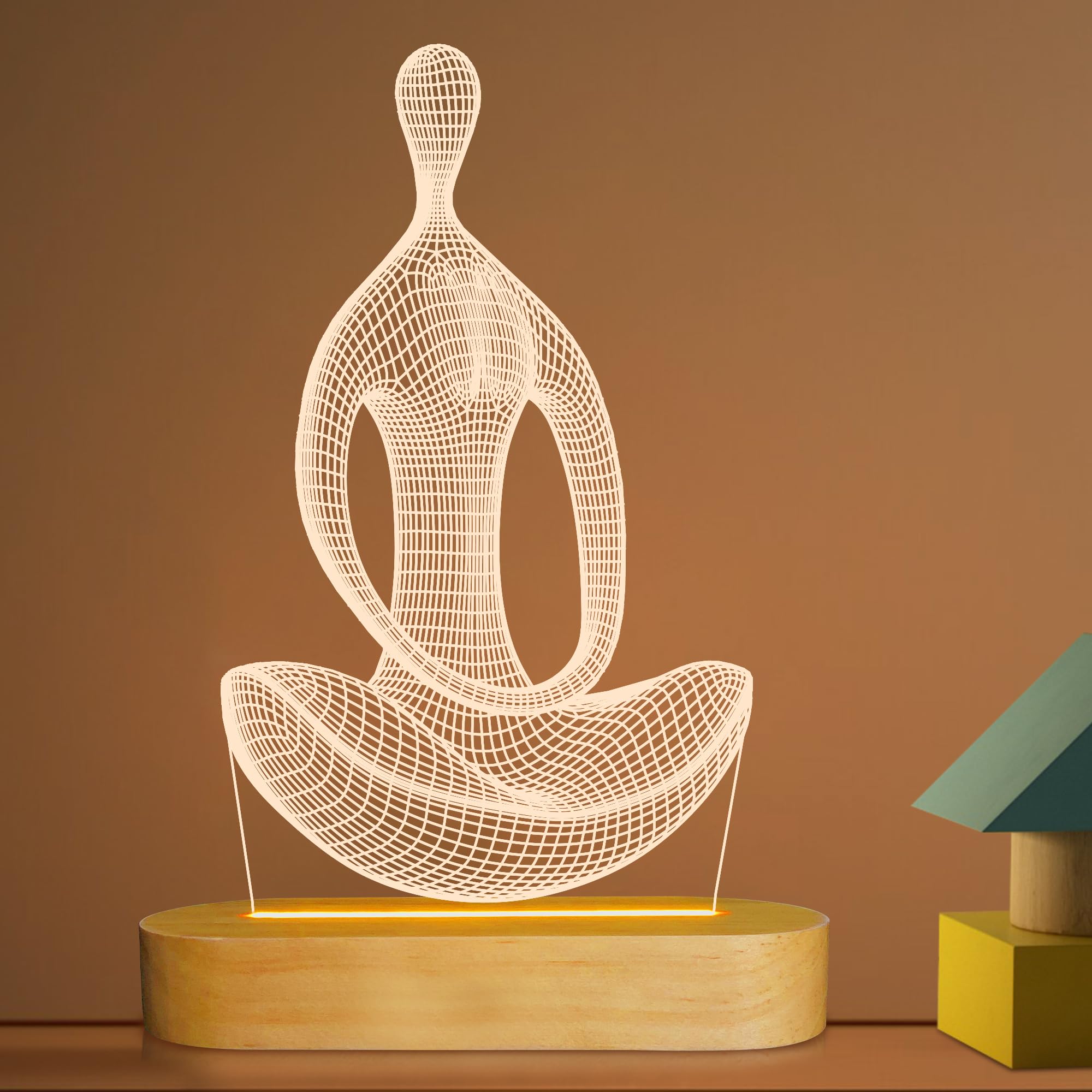 Lightzz Yoga Lamp - Led 3D Night Light For Meditation - Wood Base, Yellow - Model Fs-Xmx001-9999, Perfect Gift For Girls & Women