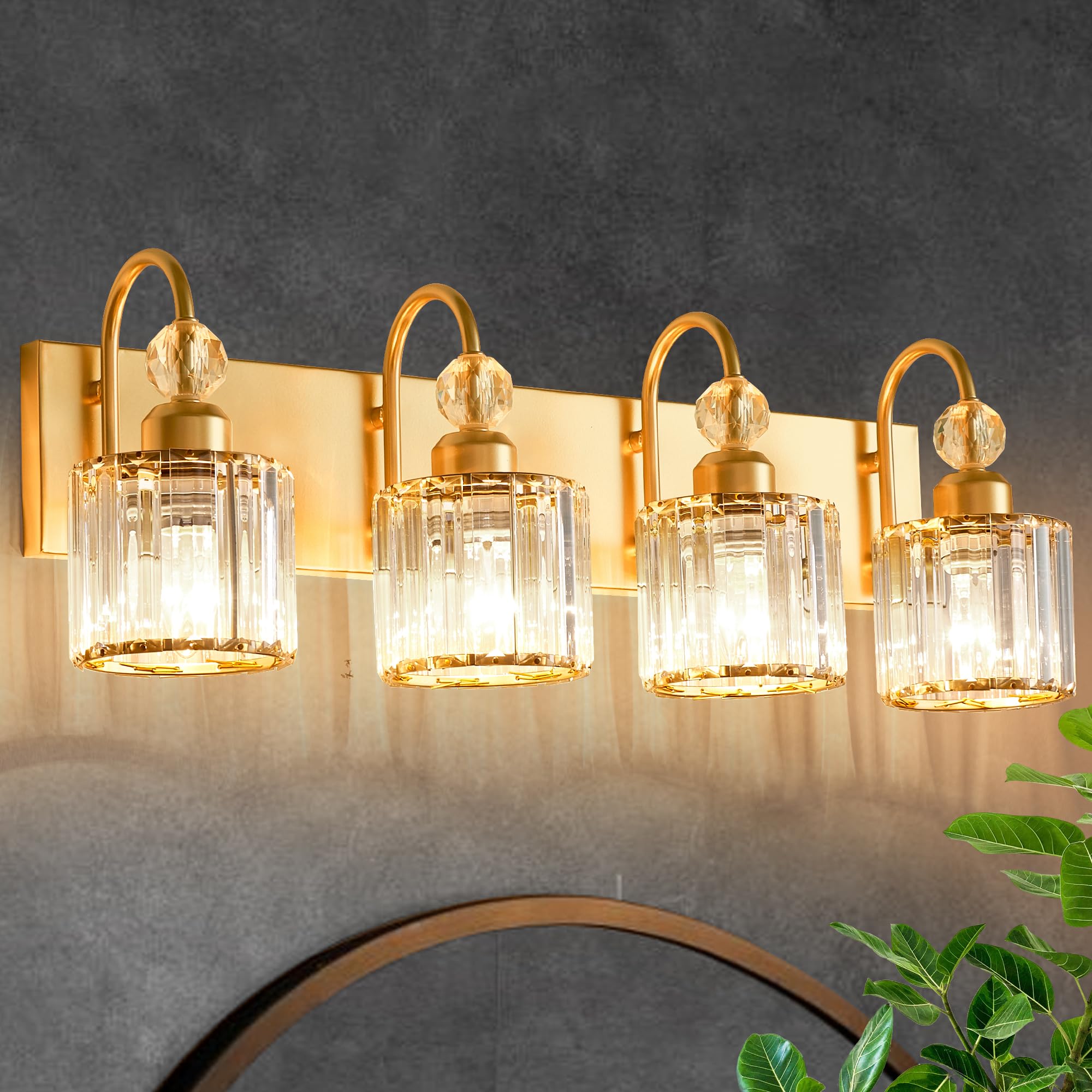 Diamondforge Bathroom Vanity Light Fixtures Over Mirror - Makeup Lighting Pure Gold - For Modern Wall  Bath  Desk  Farmhouse  Hallway - 4 Crystal Lights