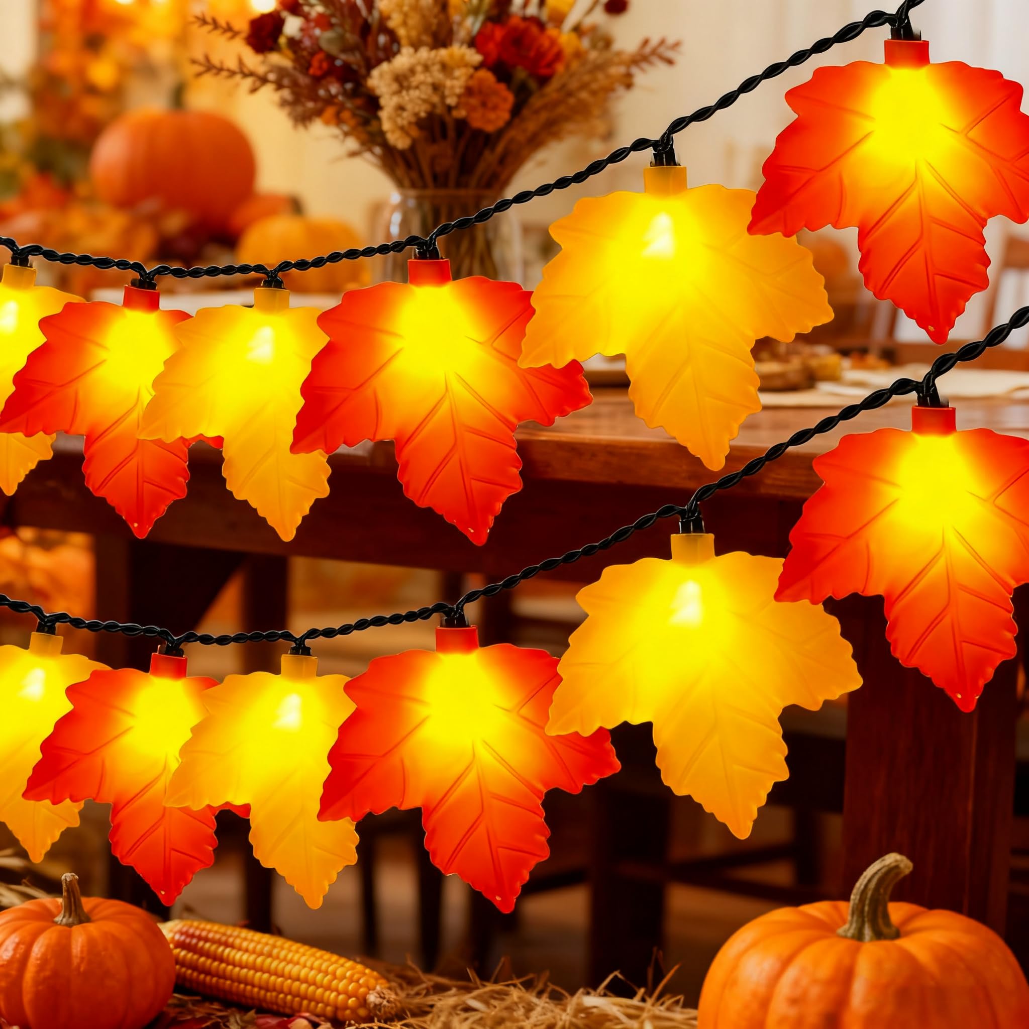Abeja Fall Maple Leaf Lights  8.5Ft Led Leaf String Lights With 10 3D Orange Yellow Leaves  Indoor Outdoor Fall Lights For Bedroom Thanksgiving Party Garden Patio
