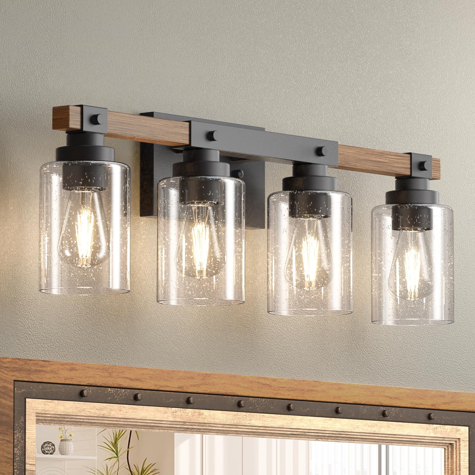 Amico Bathroom Vanity Light Fixtures, 4-Light Rustic Industrial Wood Lights, Black with Bubble Glass Shade