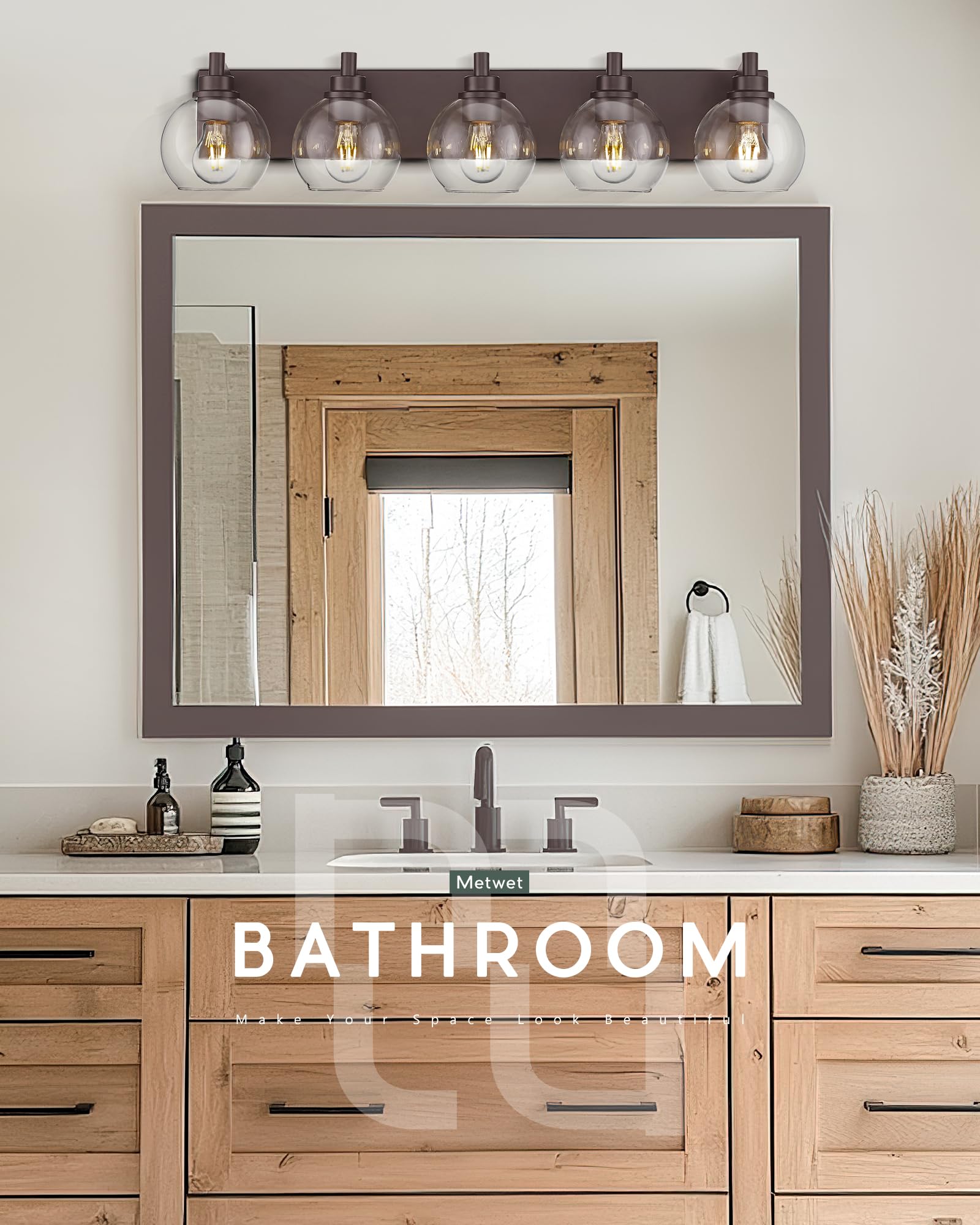 METWET 5-Light Bathroom Vanity Light Fixture, Oil Rubbed Bronze, Modern Sconces with Clear Glass Shades, Model VL195-ORB-5, 32 Inch