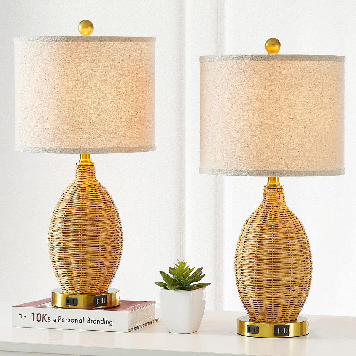 Cinsary Touch Control Rattan Table Lamps, 3 Way Dimmable Bedside Lamps For Bedroom Set Of 2 With 2 Usb Ports And Ac Outlet, Gold Wicker Nightstand Lamps For Living Room Office (Led Bulbs Included)