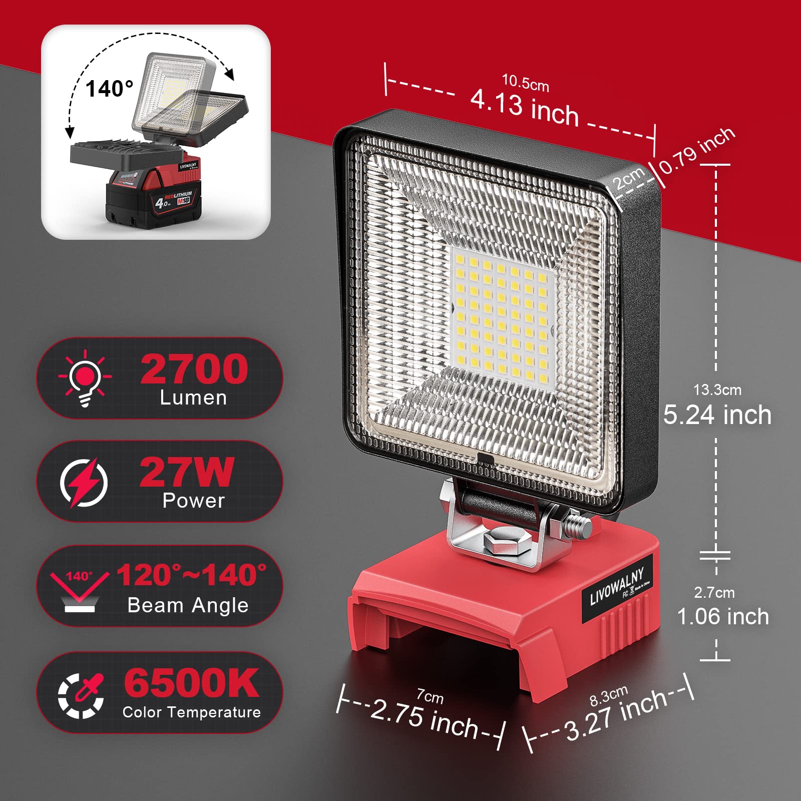 Livowalny Cordless Flood Light For Milwaukee Light M18 Work Light, 27W 2700Lm Led Work Light Battery Light For Milwaukee M18 Bat