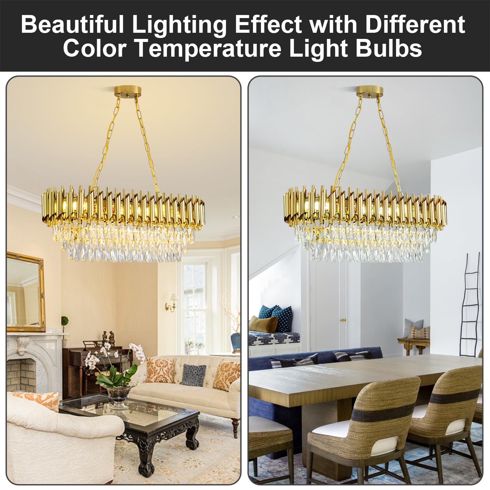 AKDXIRUN 8-Light Modern Gold Crystal Chandelier, 32in Rectangular Pendant Light for Dining Room, Living Room, Kitchen Island, Brass Gold