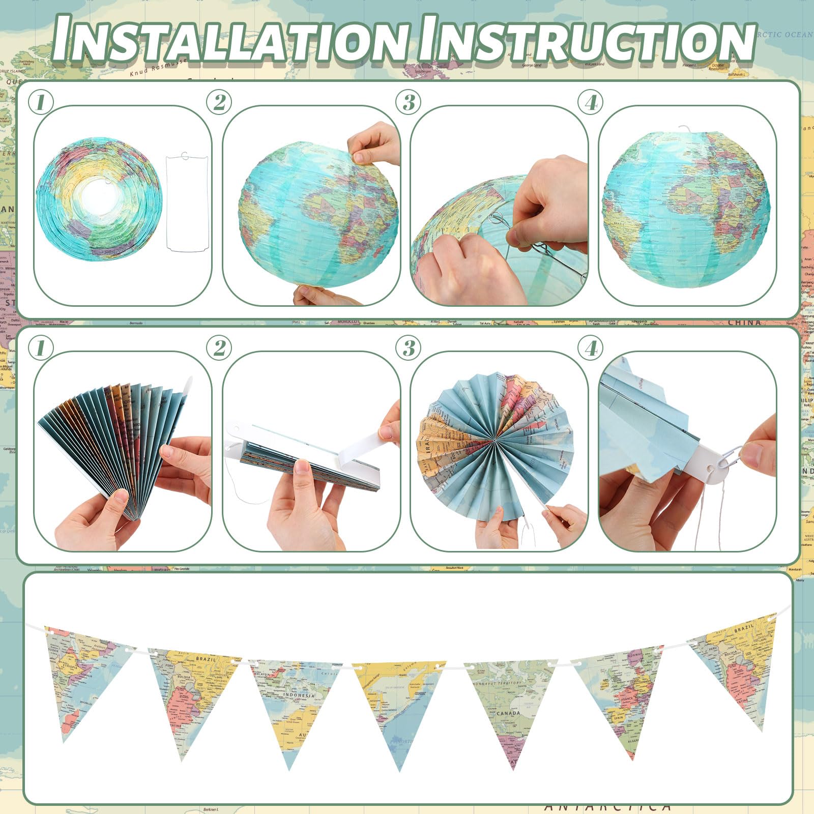 Tujoe 19 Pcs Map Classroom Decorations Travel Themed Party Decorations Globes Hanging Paper Lantern Fans Triangle Flags Banner For Home Earth Chinoiserie Theme Party(Green)
