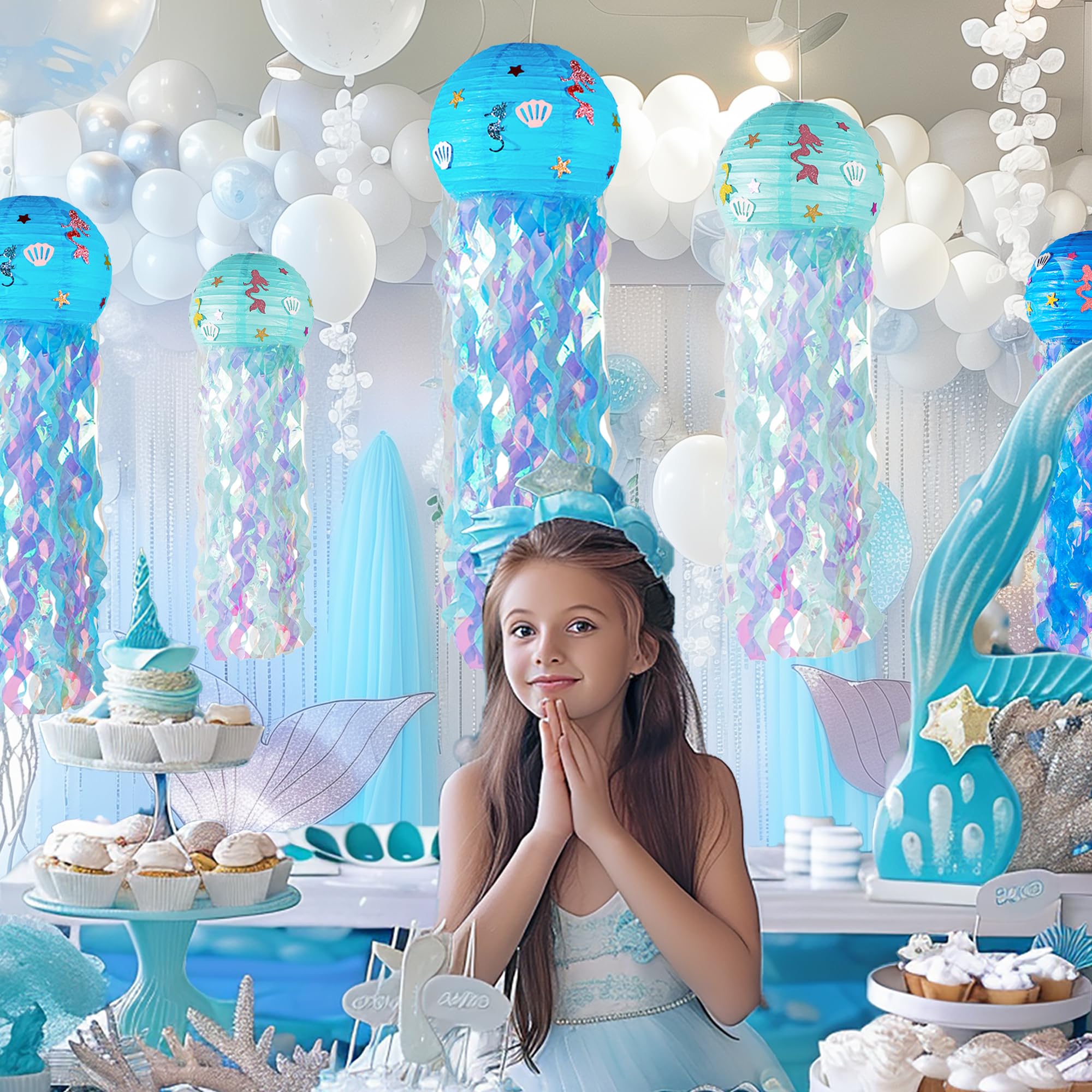 Obxt 12'' Blue Jellyfish Lanterns - Mermaid Birthday Decorations, Under The Sea Party Supplies, Ocean Theme Hanging Jellyfish De