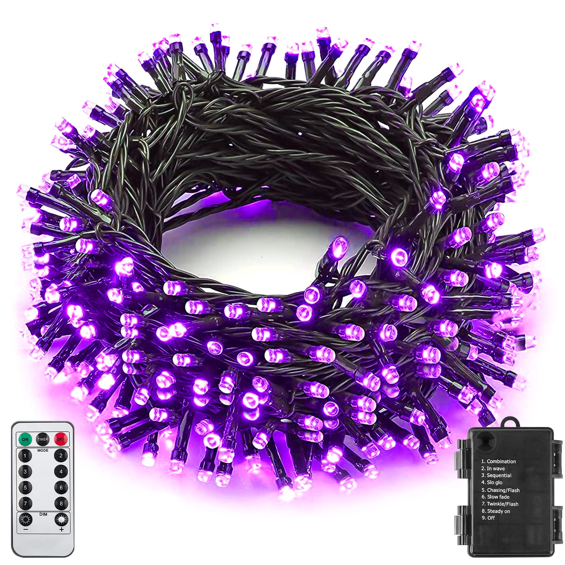Sukesou Halloween Purple String Lights Outdoor 33Ft 100LED Battery Operated Fairy Lights with Waterproof Remote Timer String Lig