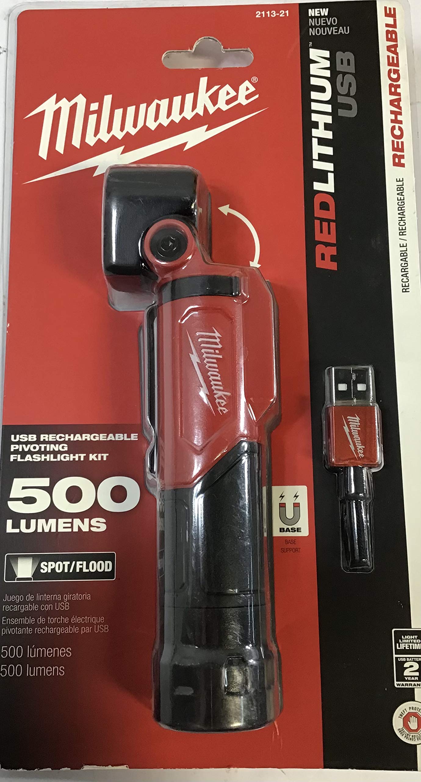 Milwaukee USB Rechargeable Pivoting Flashlight Kit, Aluminum, Black/Red Color