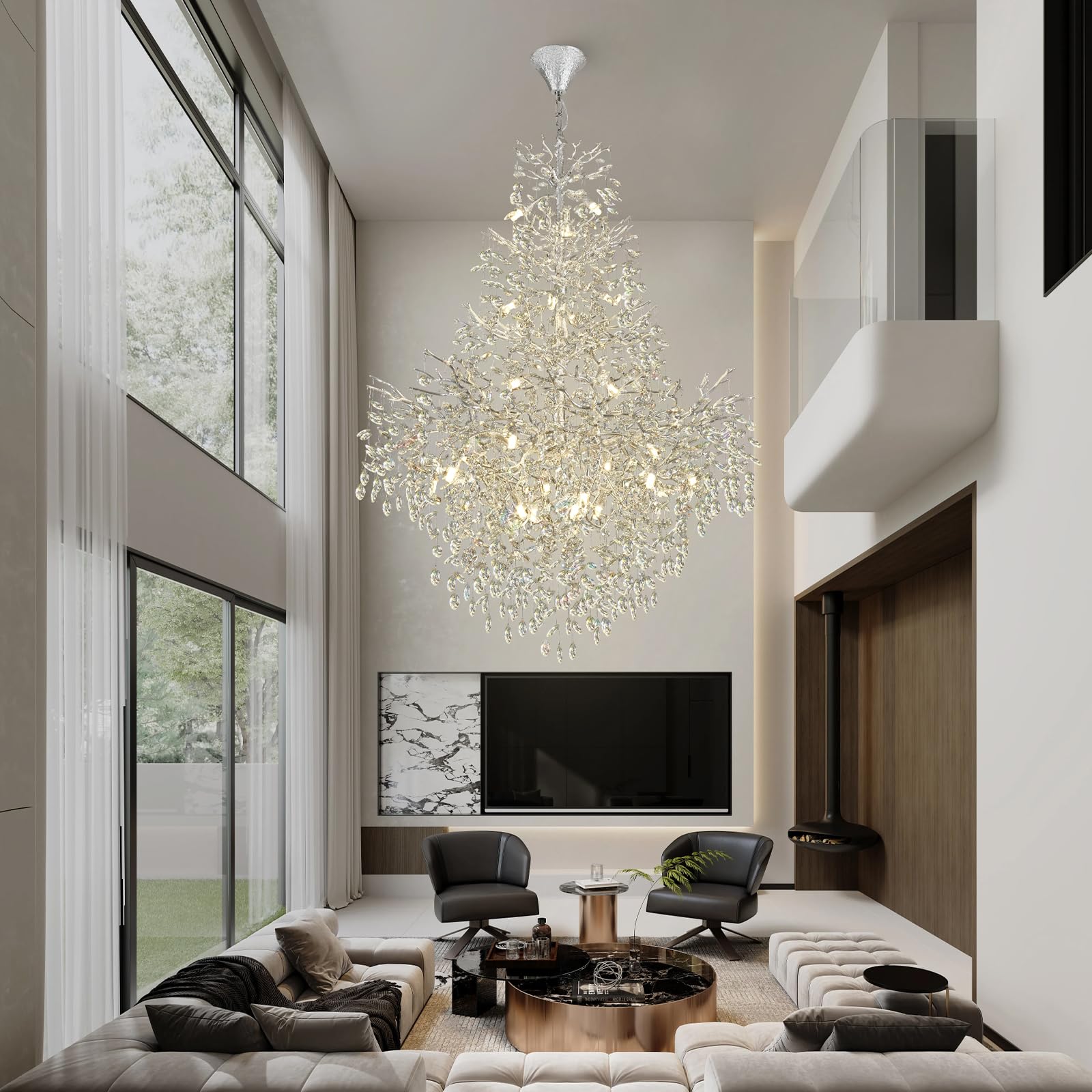Kvtinmty H65'' Silver Tree Branch Crystal High Ceiling Chandelier, Modern Crystal Staircase & Foyer Chandelier For Large Living