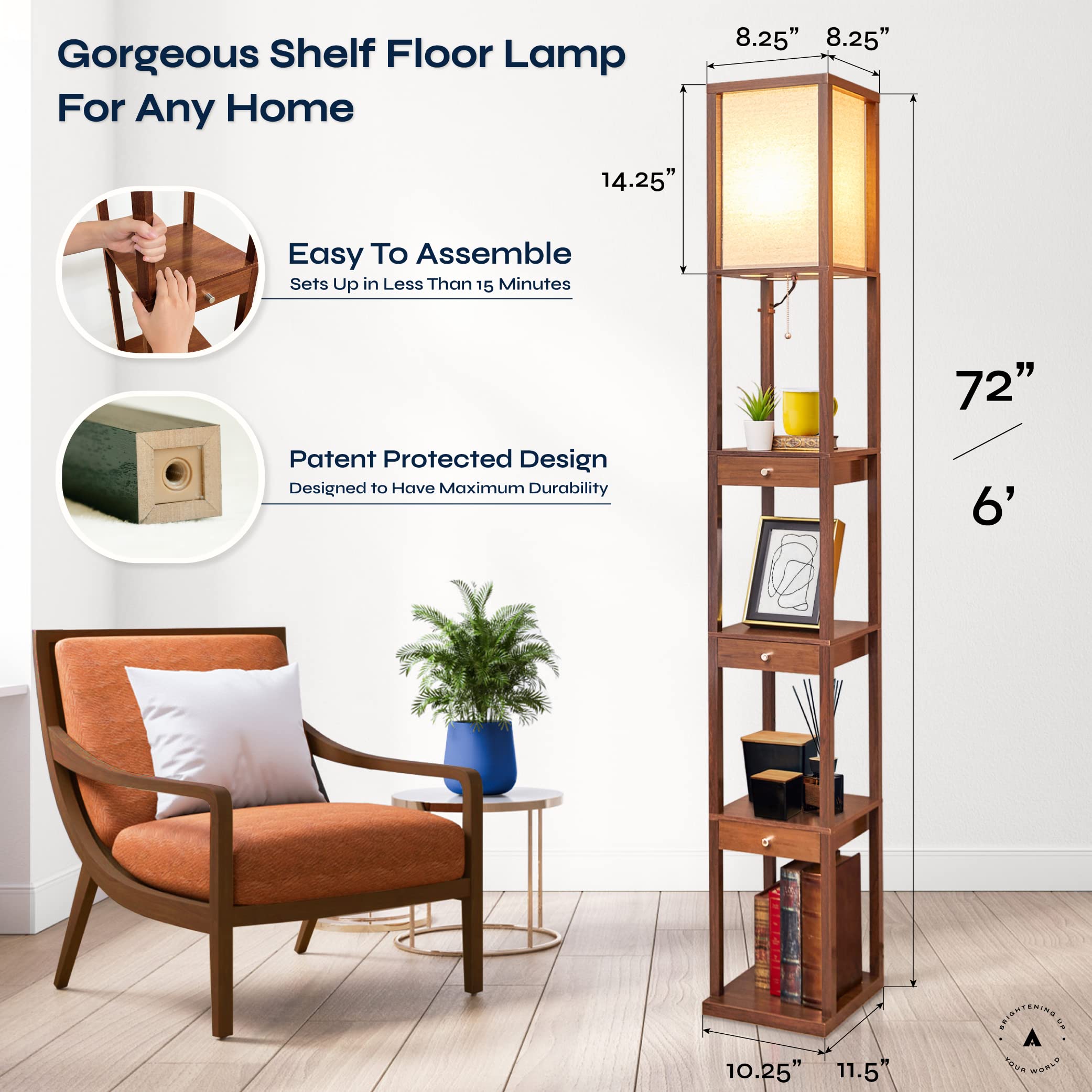 ATAMIN Shelf Floor Lamp with Storage Drawers - Wooden Standing Lamp with Pull Chain and Warm LED Lighting - Perfect for Bedroom,