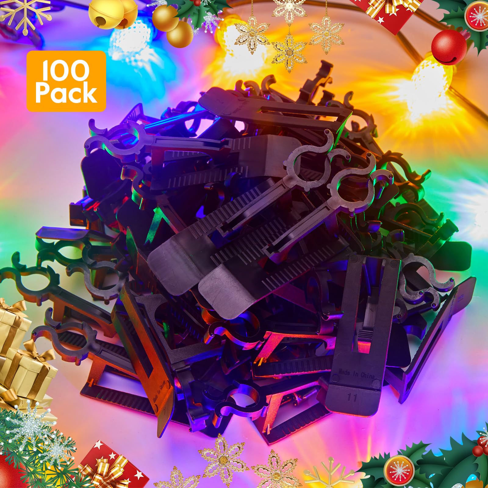 Universal Christmas Lights Shingle Clips, 100 Count All In One Gutter Clips, Shatterproof All Purpose Shingle Clips For C7/E12, C9/E17, Mini String Lights, Rope Lights, Christmas Decorations, Black