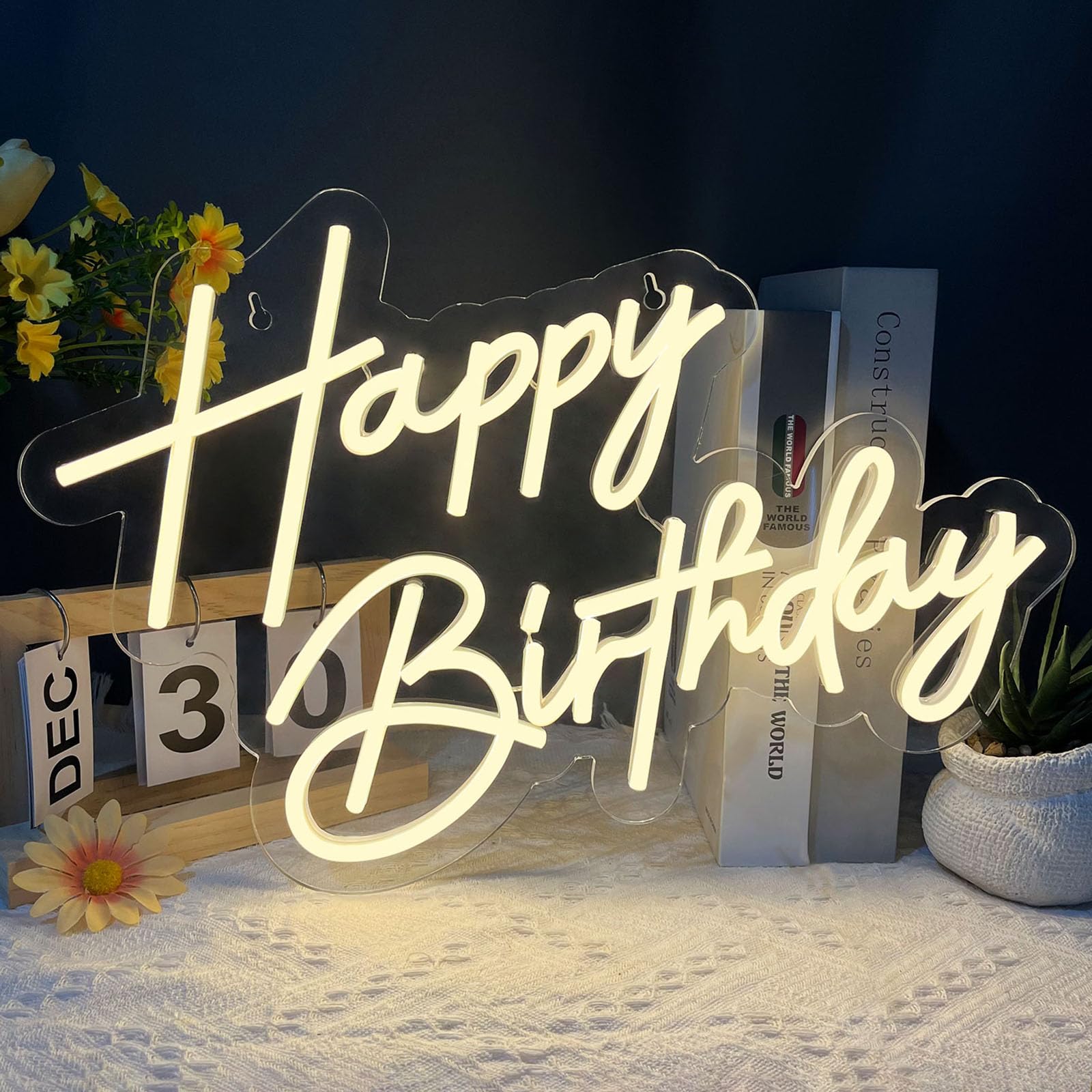 BerniceKelly Happy Birthday Neon Sign, Warm White LED Light, 17x12 Inch, Model AW-12, Wall Decor for Birthday Parties