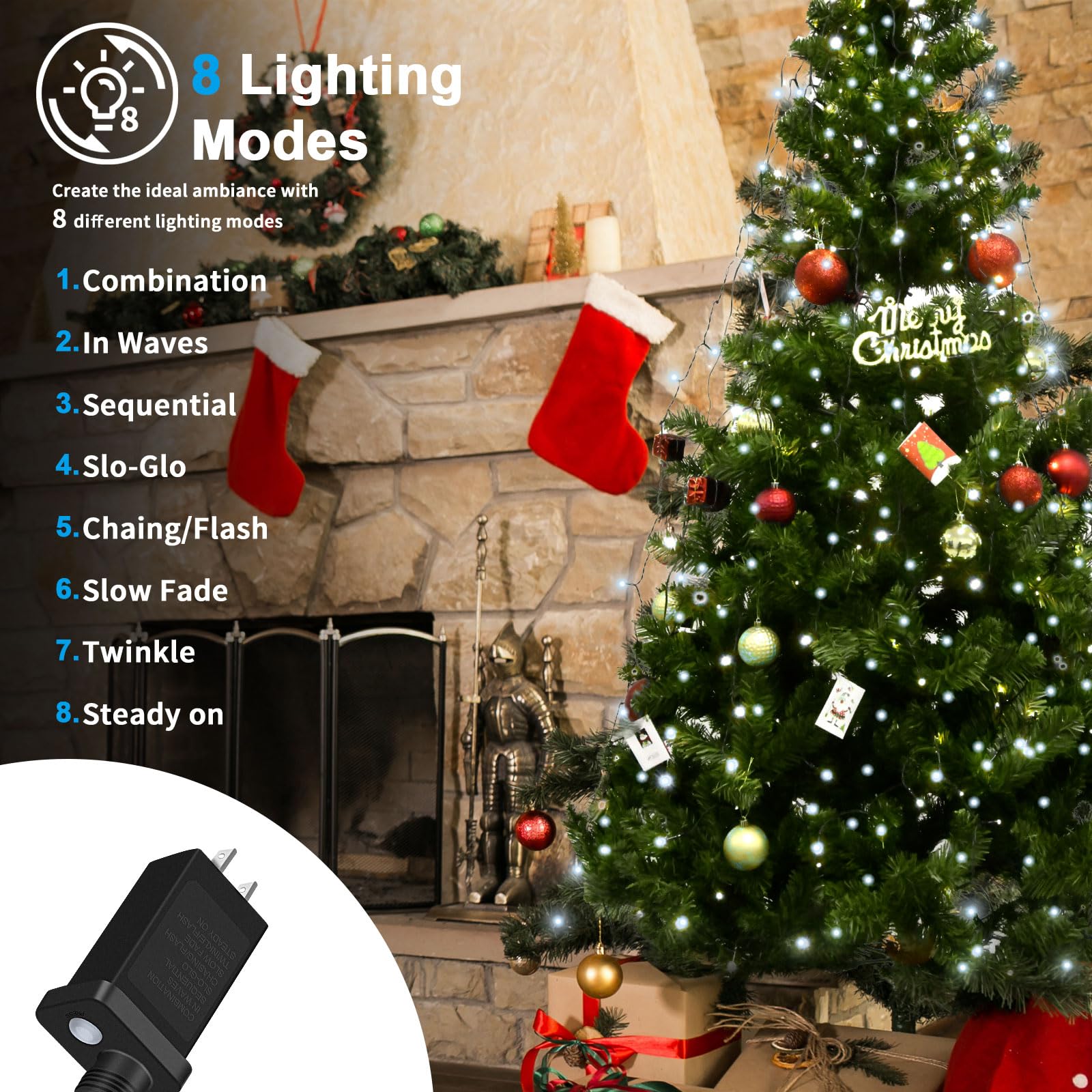 BOLWEO 280 LED Christmas Tree Lights, 8 Modes for 6ft-7ft Trees, Cool White, UL Certified Indoor/Outdoor Decor, Model SW-LSL-02-280