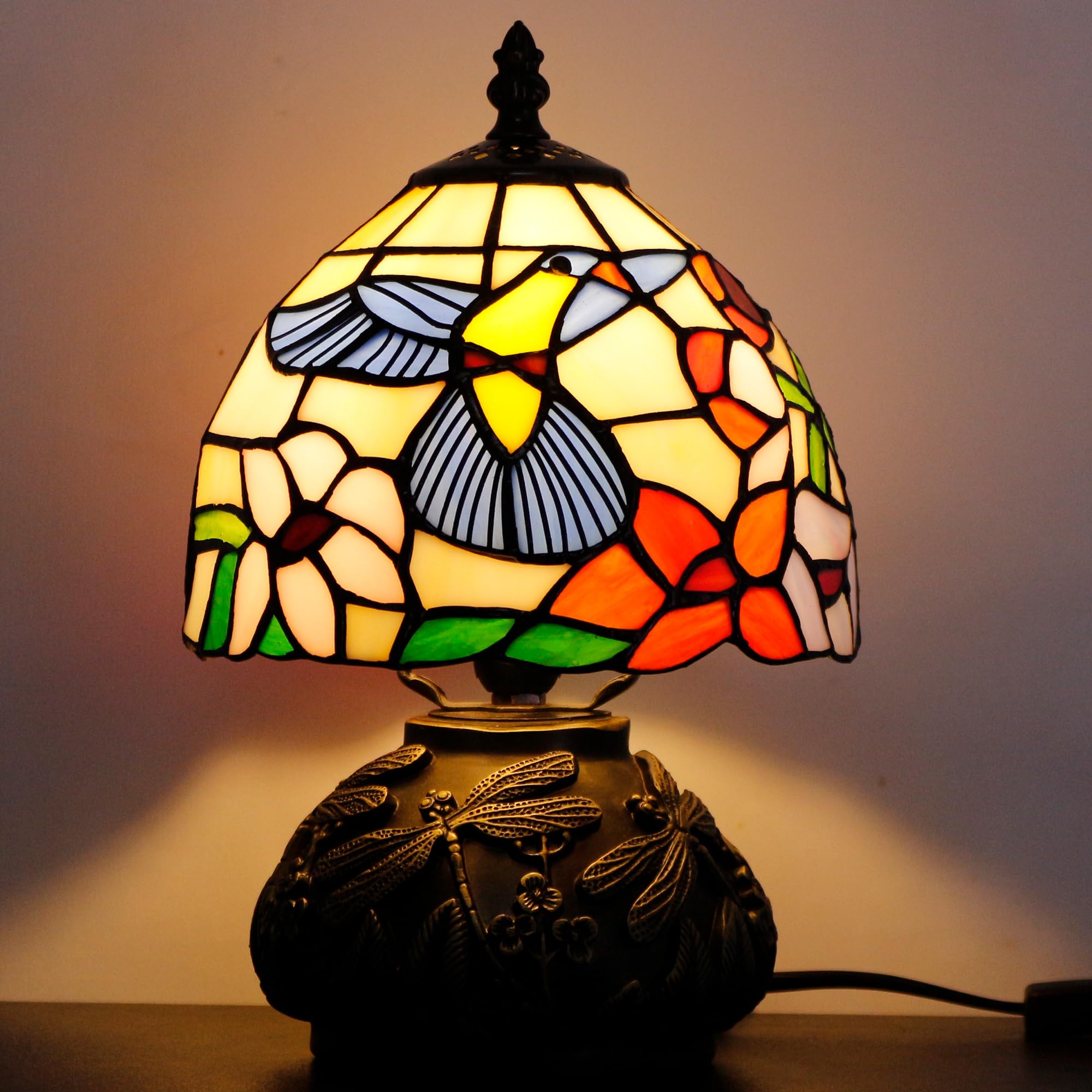 Small Tiffany Lamp Mini Stained Glass Table Lamp Hummingbird Style Mushroom Desk Light Memory Sympathy Lamp 8X11 Inch
