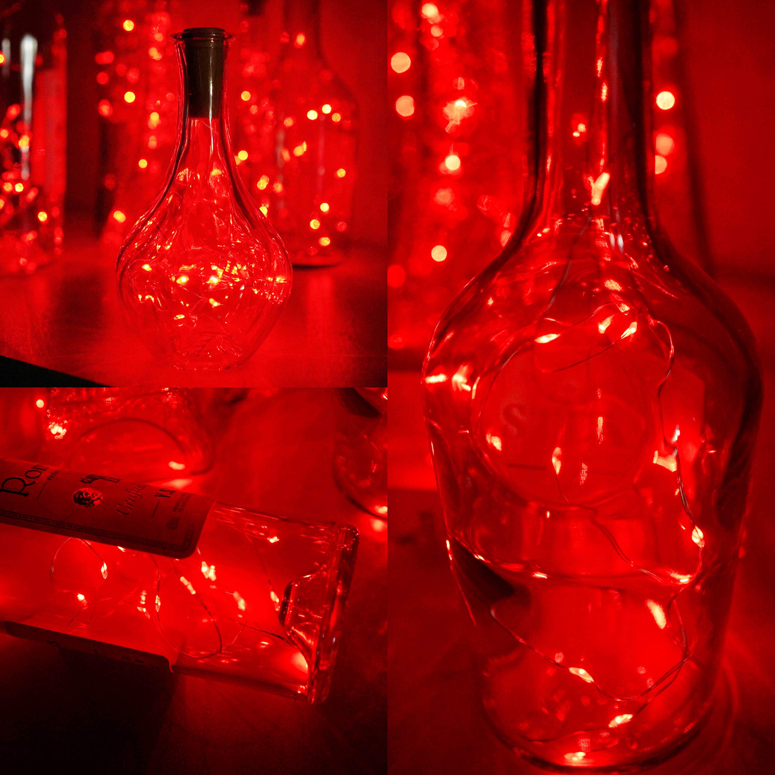 Lovenite Wine Bottle Lights With Cork, 6 Pack Battery Operated 15 Led Cork Shape Silver Wire Colorful Fairy Mini String Lights For Diy, Party, Decor, Christmas, Halloween,Wedding (Red)
