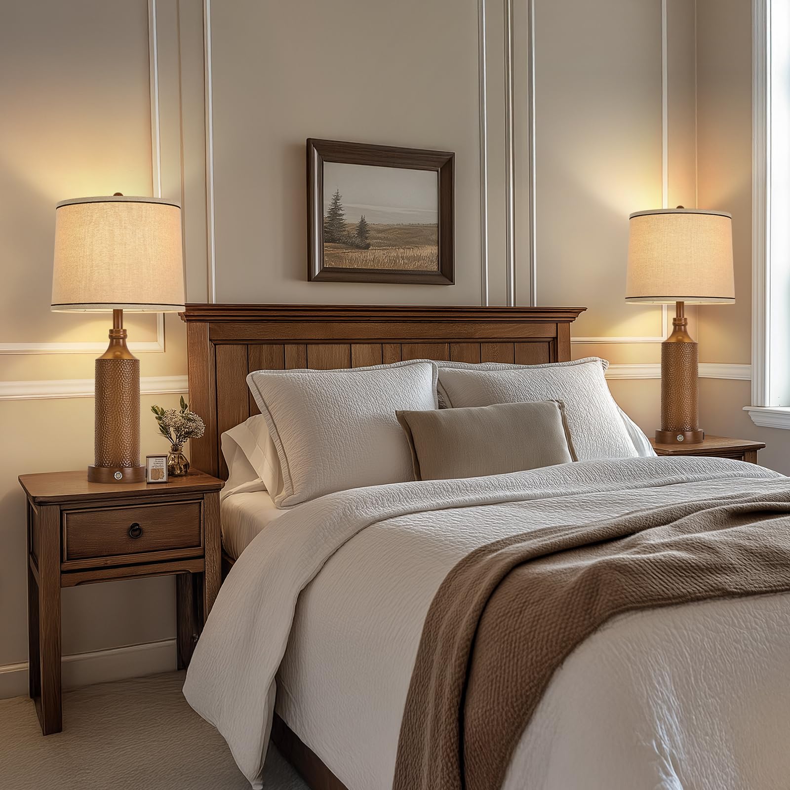 Aidenoey 27.5'' H 3-Way Dimmable Touch Control Table Lamp With Usb A+C Ports, Vintage Walnut Finish Resin Bedside Farmhouse Tabl