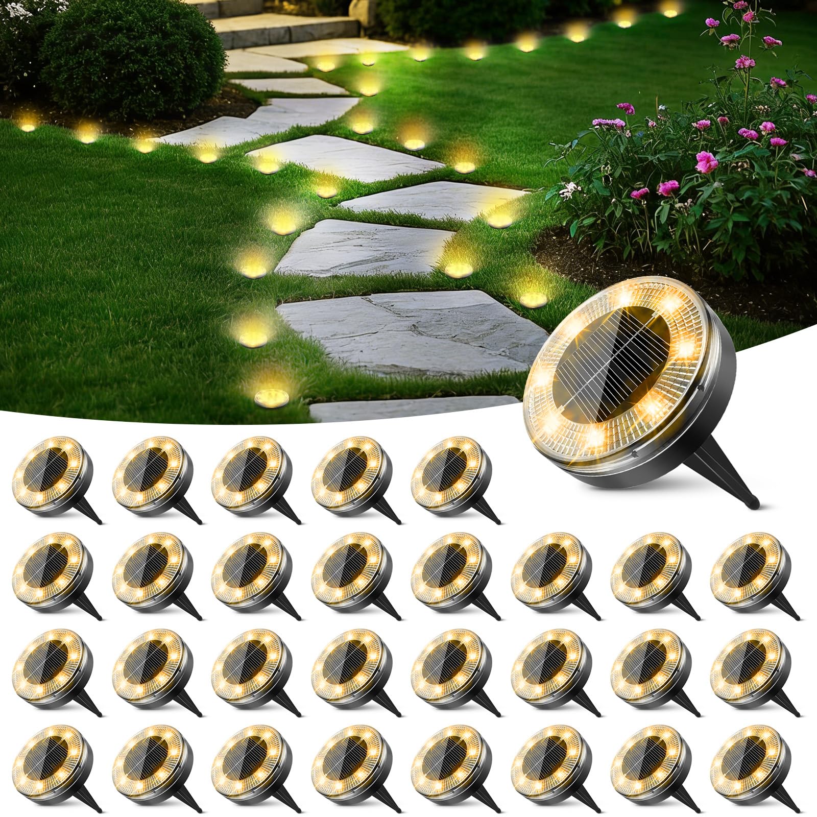 Peasur Mini Solar Ground Lights  30 Pack Flat Solar Disc Lights Outdoor Waterproof  2.3 Inch Small Solar Garden Lights Landscape Lighting for Outside Pathway Garden Yard Lawn Walkway Warm White