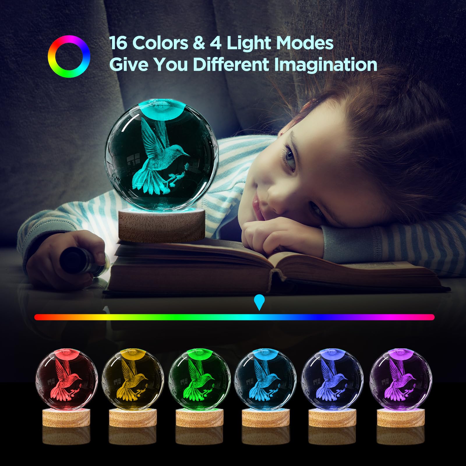 DCORIUNTG 3D Hummingbird Crystal Ball Night Light - 3.15" Glass Lamp with 16 Color LED Base, Cute Hummingbird Decor for Home & Gifts