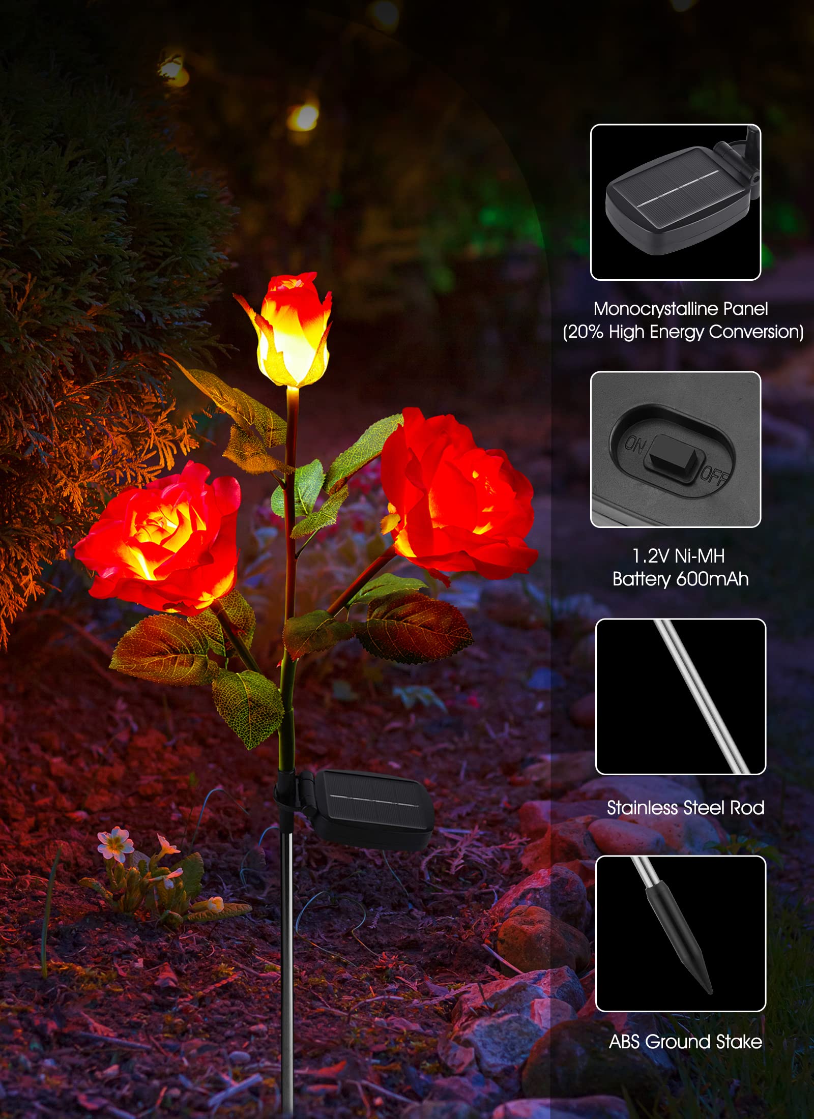 Brightown Outdoor Solar Garden Lights - 4 Pack Led Solar Flower Lights With Larger & More Realistic Rose, Bigger Solar Panel, Waterproof Solar Lights For Outside Yard Patio Valentines Day Decorations