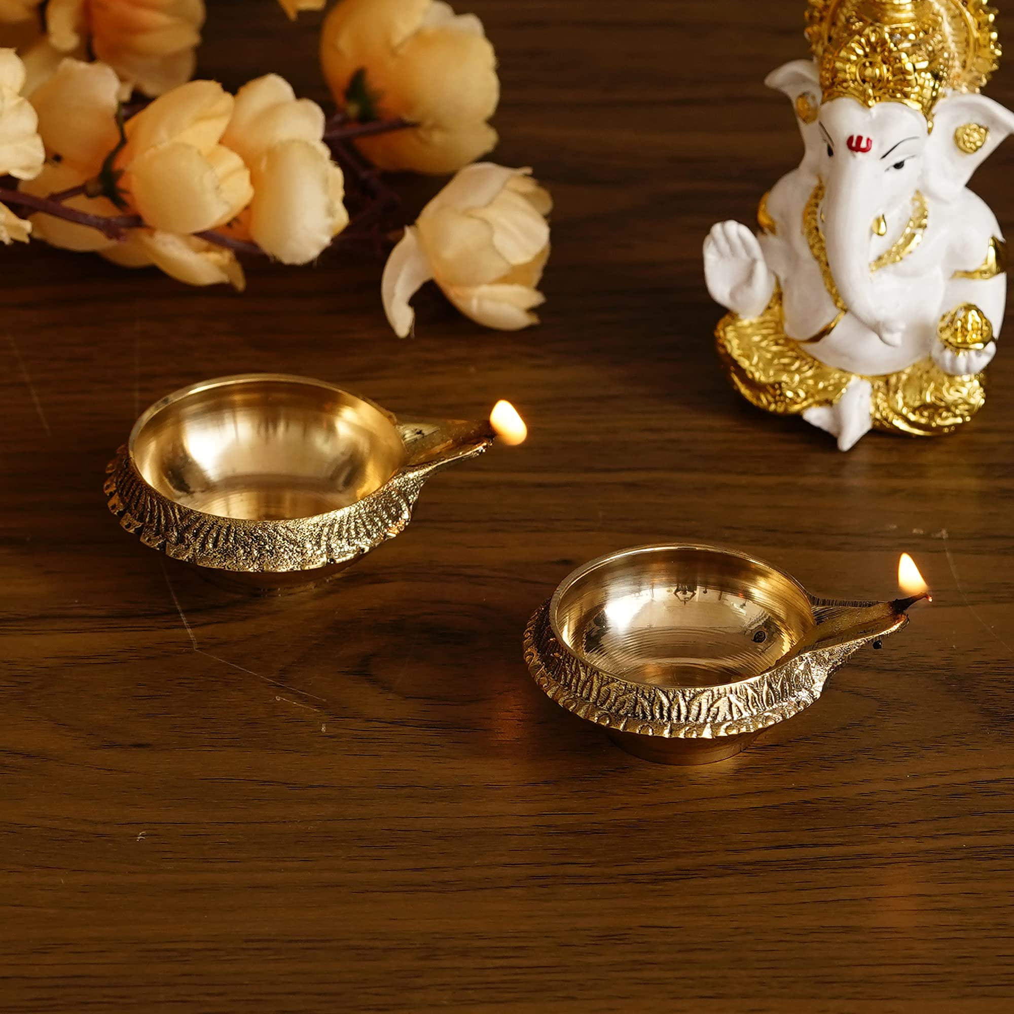 eCraftIndia Set of 2 Golden Decorative Handcrafted Brass Diyas - Auspicious Diyas for Puja Room, Home, Office, Festive Decor - G