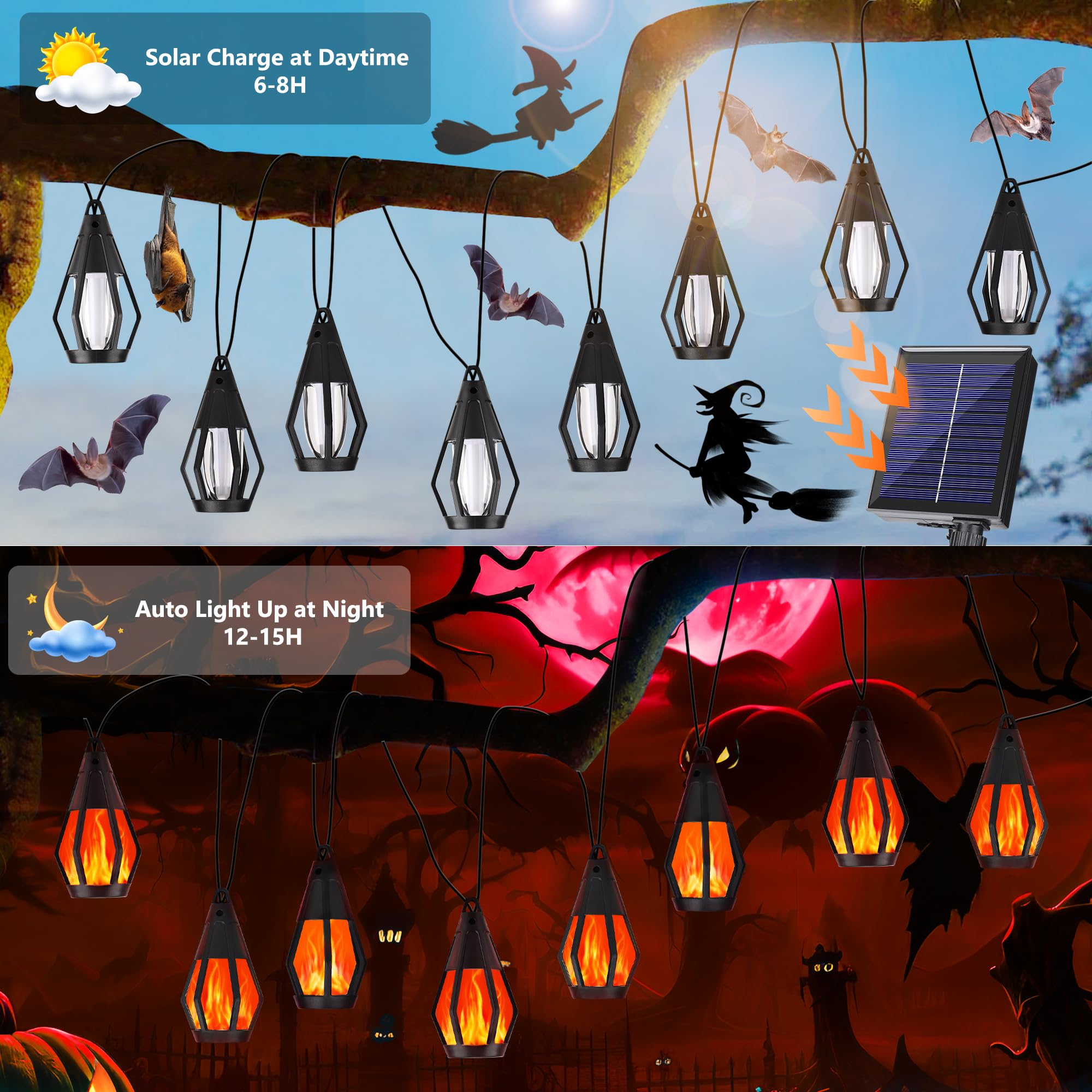 Jnaurb Solar String Lights Outdoor, 13Ft with 10 Flickering Flame Bulbs, Waterproof, Red, Ideal for Halloween Decorations