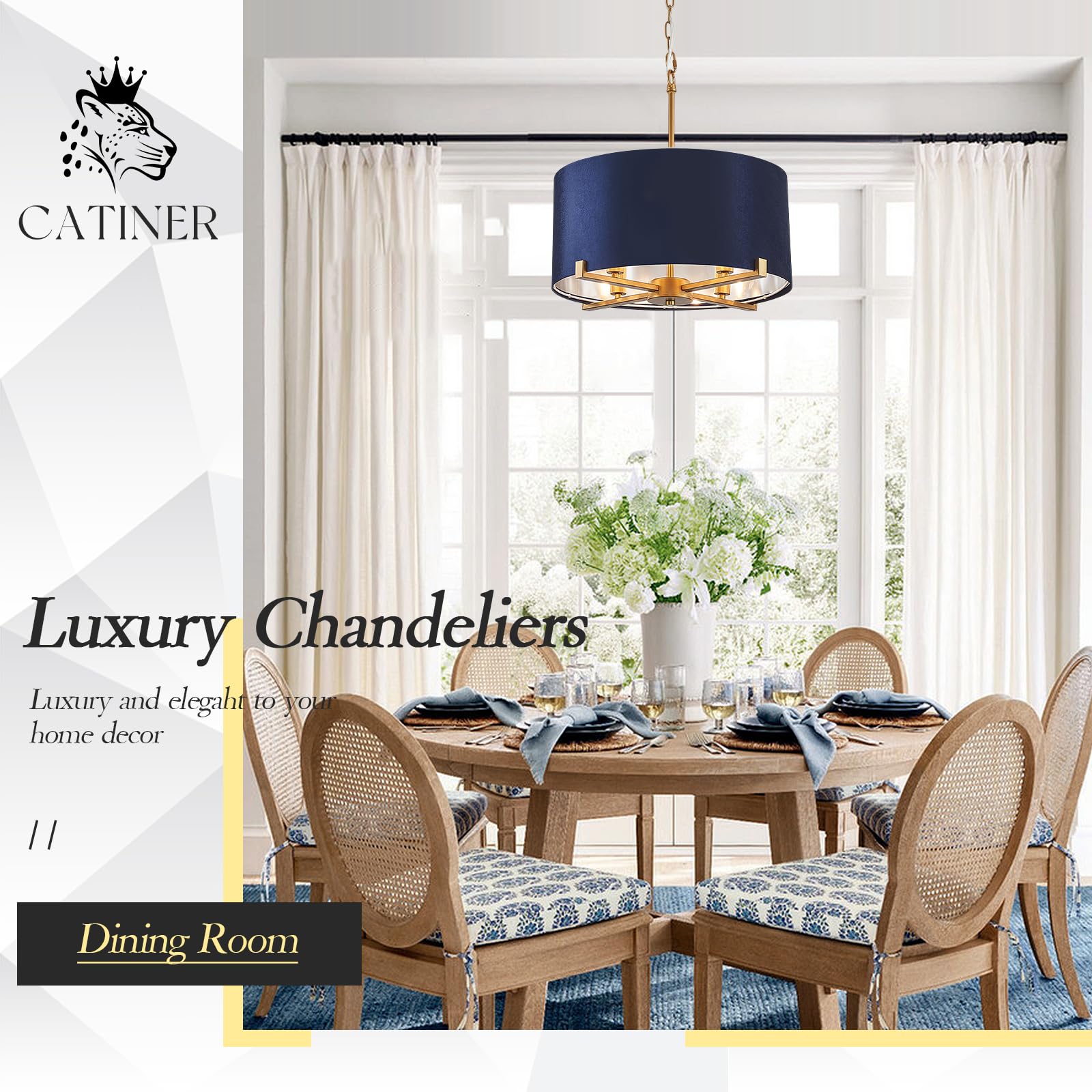 CATINER Drum Chandelier, 18” Blue & Gold Pendant Light, Velvet Fabric Shade, 4 Lights, Modern Semi Flush Mount for Dining Room & Hallway