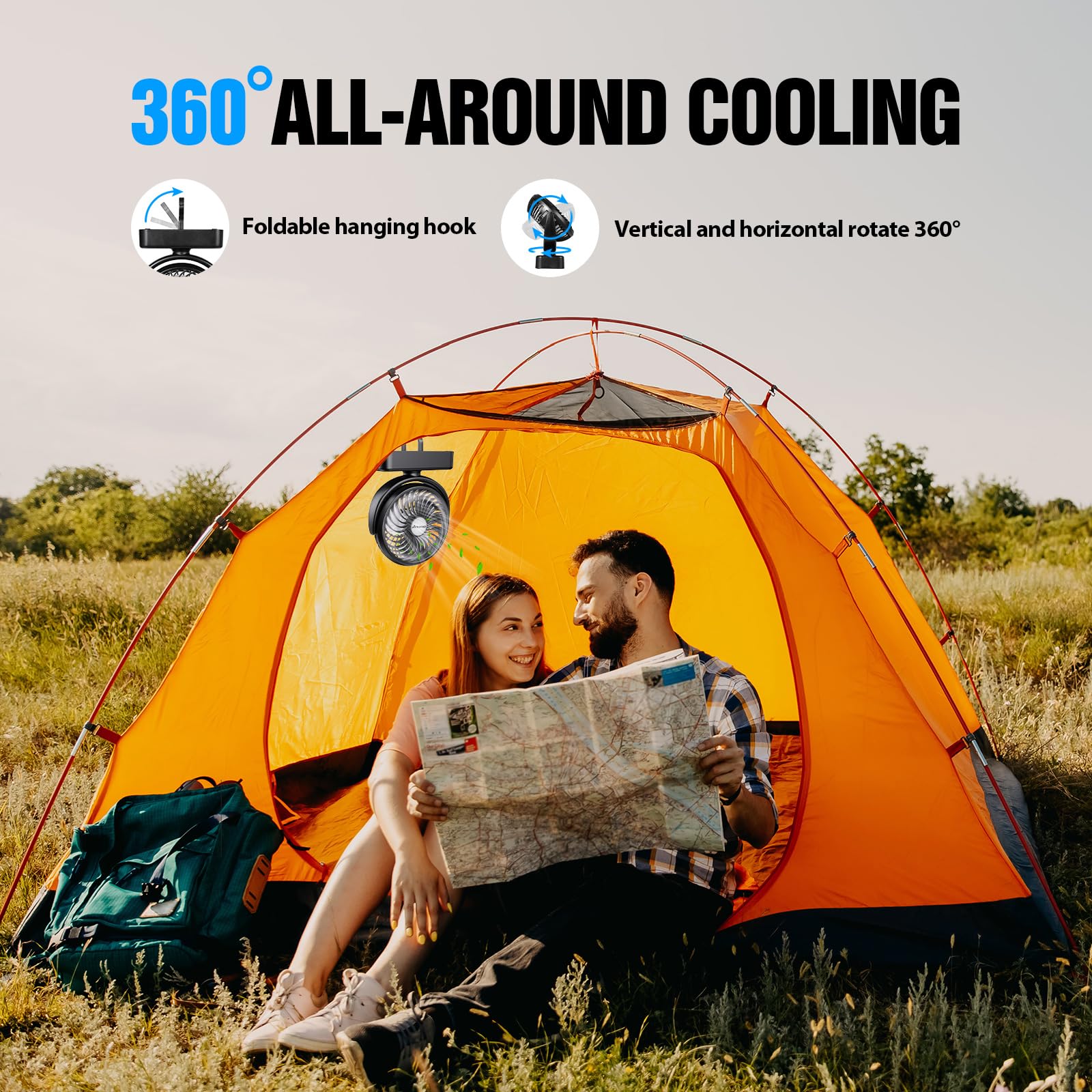 AMACOOL Portable Camping Fan with LED Lantern, Rechargeable, 40H Runtime, 2.4x5.3x7.1 inches, Black, Model F120