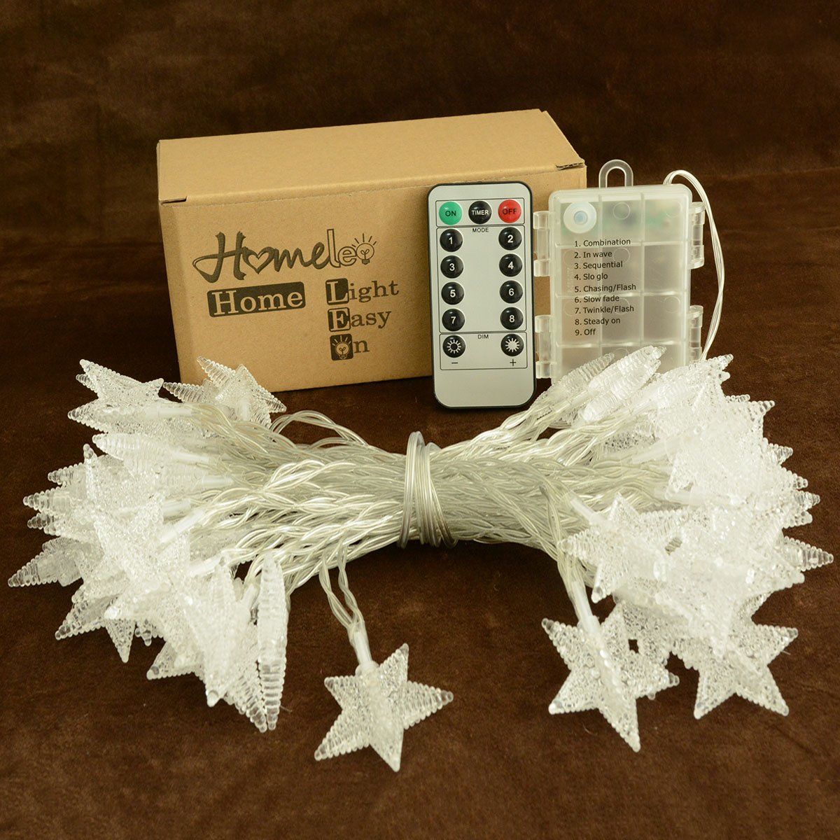 Homeleo Star Fairy Lights, 50 LED Warm White String Lights, Battery Powered, Remote Control, Model HLD361, Copper Material