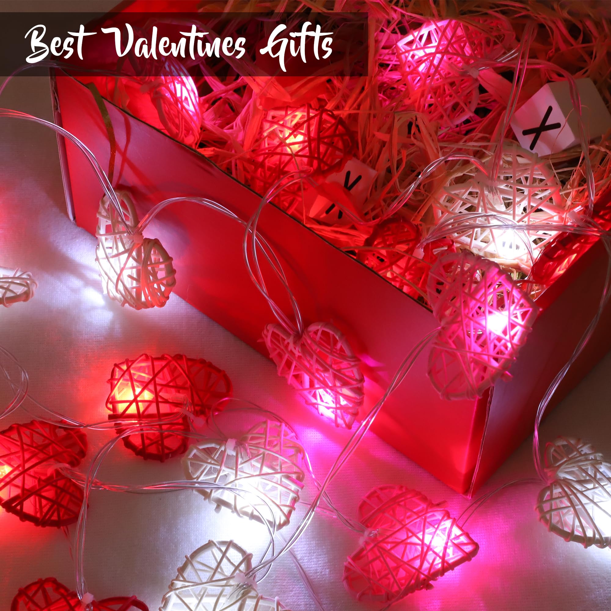 [Timer] Valentines Day Decorations Red Pink White Heart Lights 10FT 20LED 3D Hollowed Rattan Big Heart String Light Battery Oper